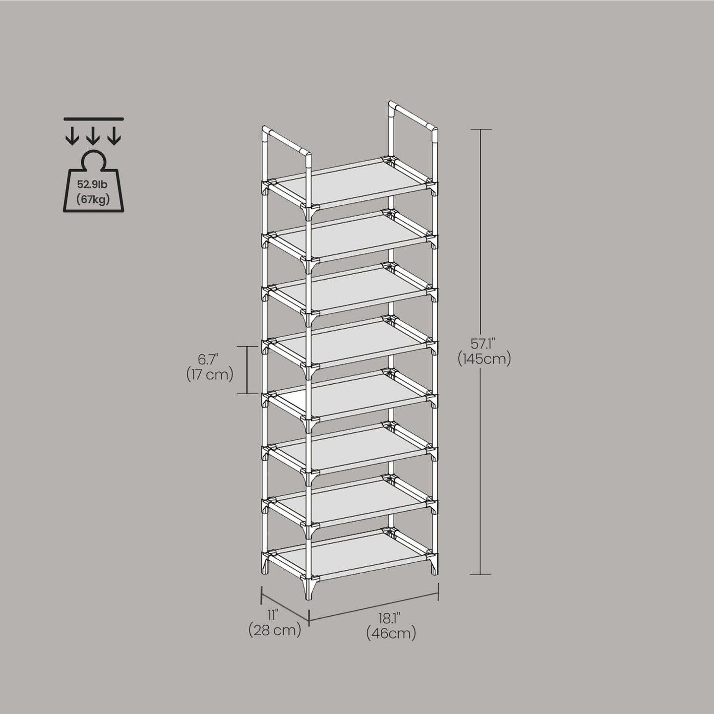 8-Tier Shoe Rack - Metal Frame - Grey - Multifunctional Organizer for 16-20 Pairs