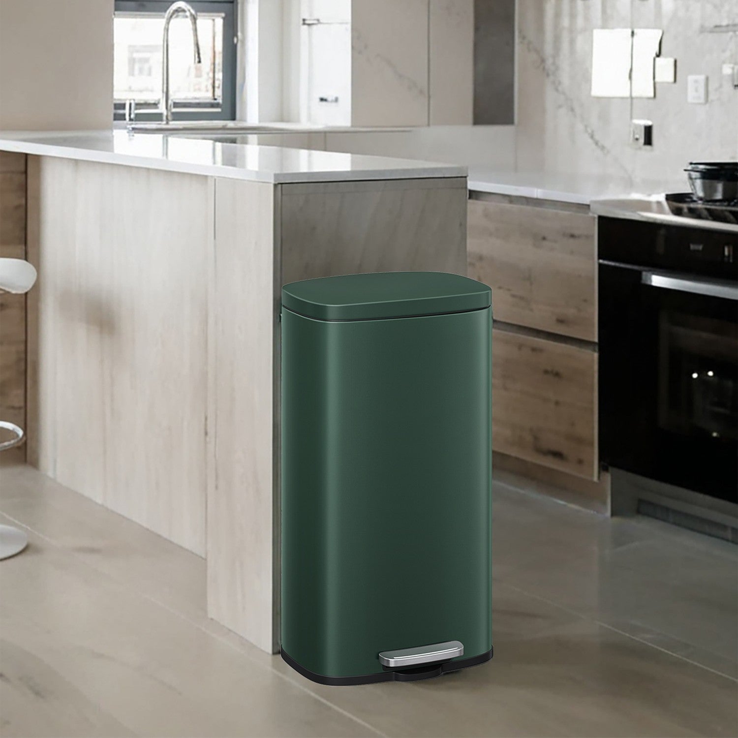 Pedal Rubbish Bin - Stainless Steel - Green - 30 Litre Capacity with Soft-Close Lid and Inner Bucket