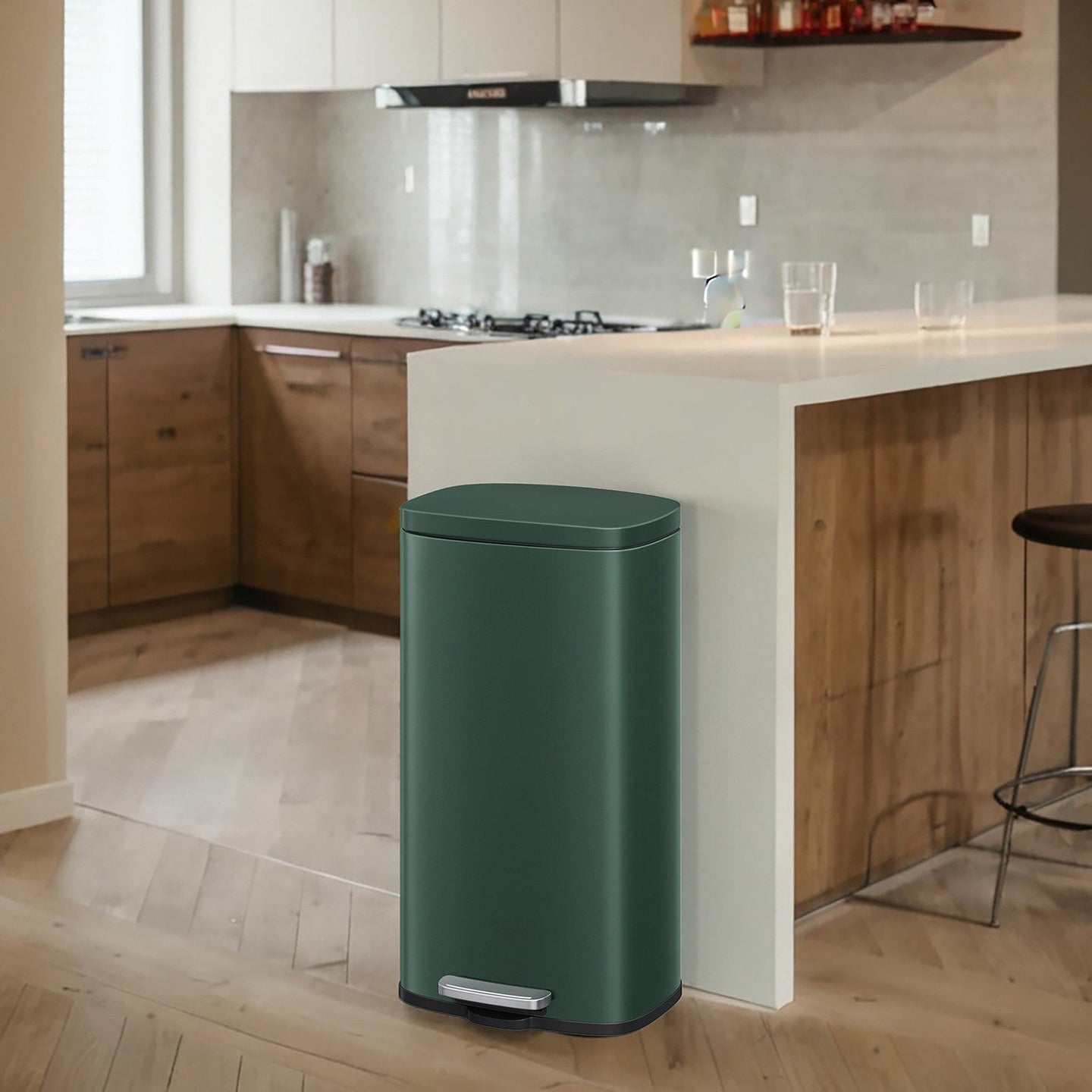Pedal Rubbish Bin - Stainless Steel - Green - 30 Litre Capacity with Soft-Close Lid and Inner Bucket