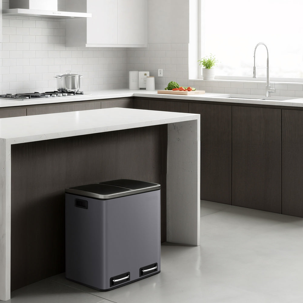 Double Compartment Pedal Trash Can - Steel Bin and Plastic Inner Bucket - Grey