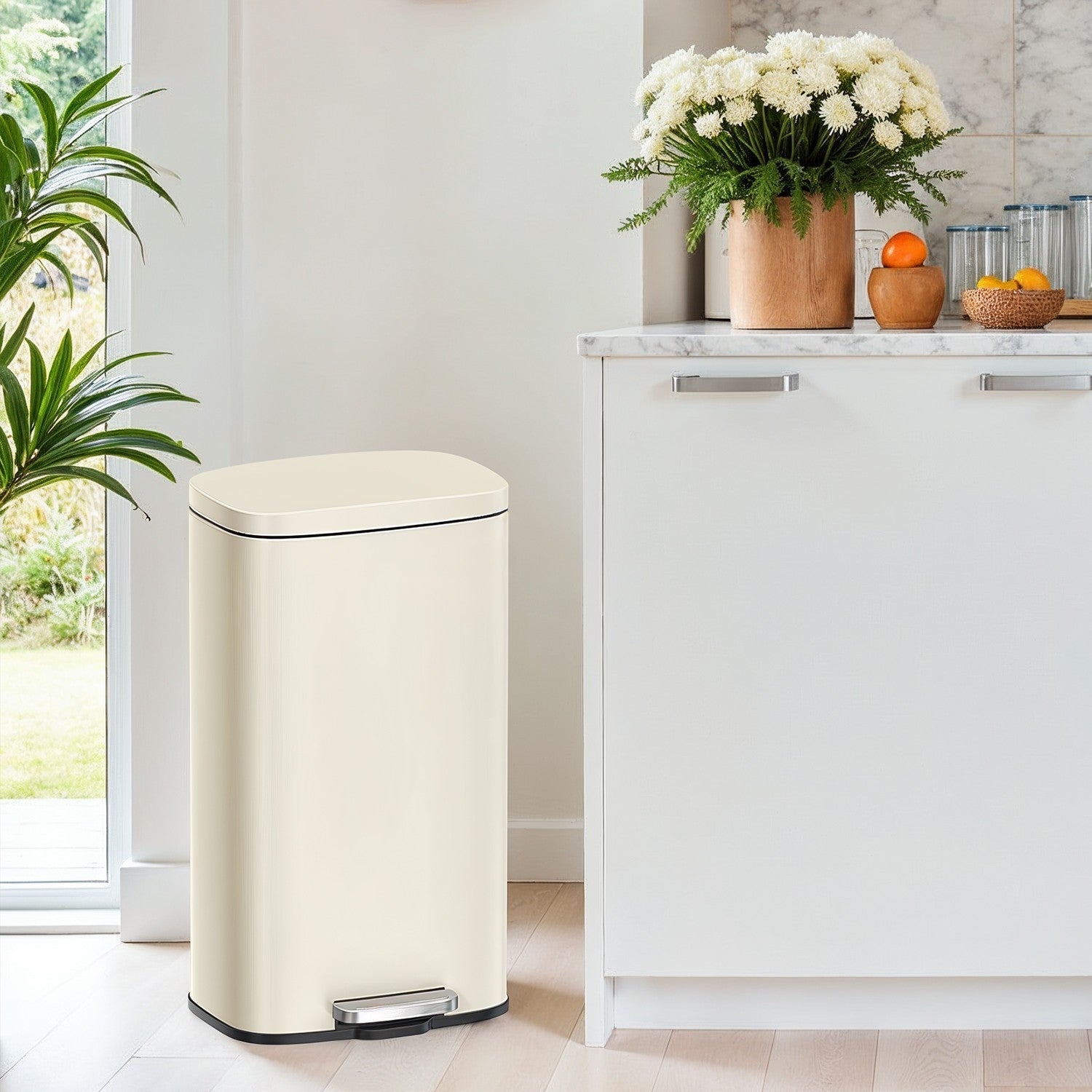 Pedal Rubbish Bin - Stainless Steel - Beige - Soft-Close Lid with Inner Bucket