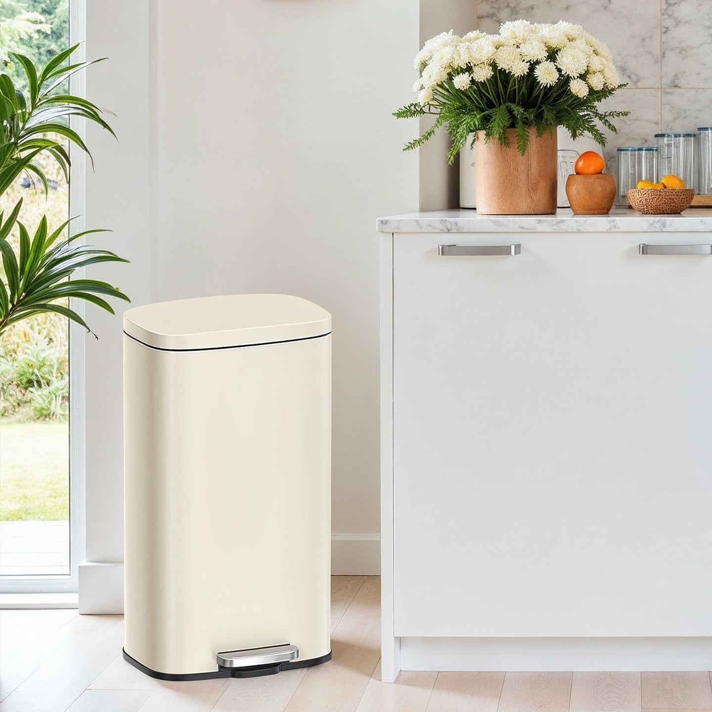 Pedal Rubbish Bin - Stainless Steel - Beige - Soft-Close Lid with Inner Bucket