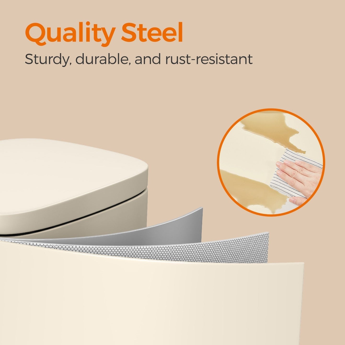Pedal Rubbish Bin - Stainless Steel - Beige - Soft-Close Lid with Inner Bucket