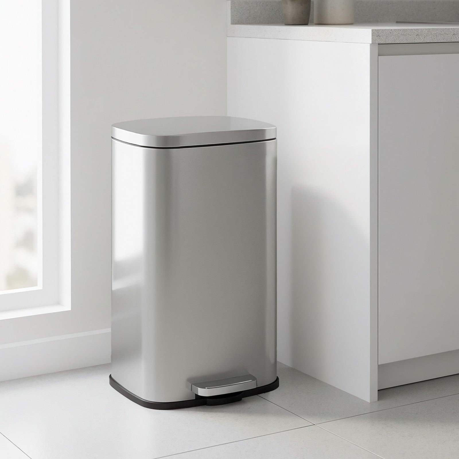30L Stainless Steel Kitchen Rubbish Bin - Silver - Soft-Close Lid with Inner Bucket