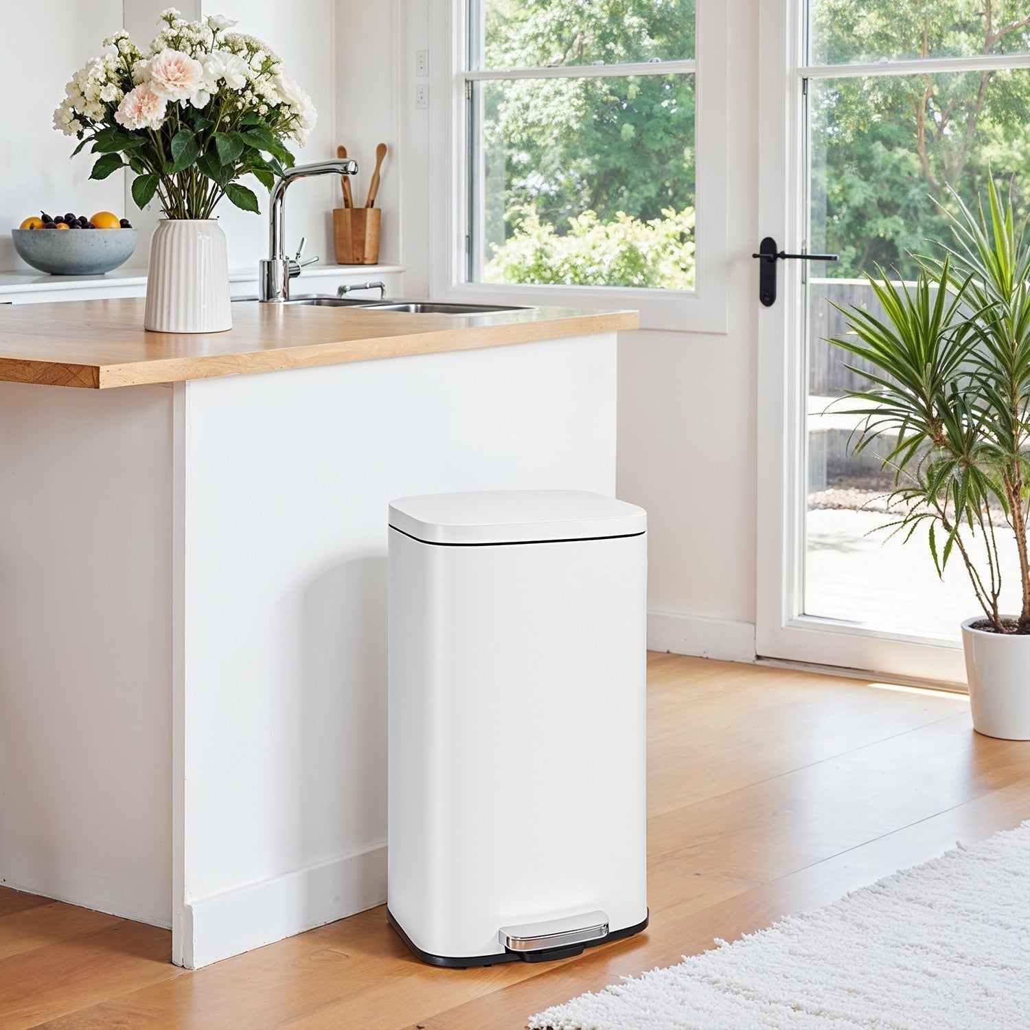 Pedal Rubbish Bin - Stainless Steel - White - Soft-Close Lid with Inner Bucket