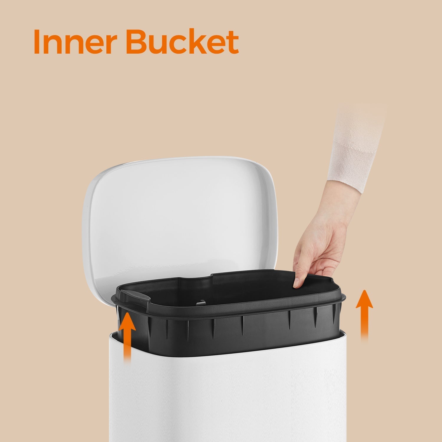 Pedal Rubbish Bin - Stainless Steel - White - Soft-Close Lid with Inner Bucket