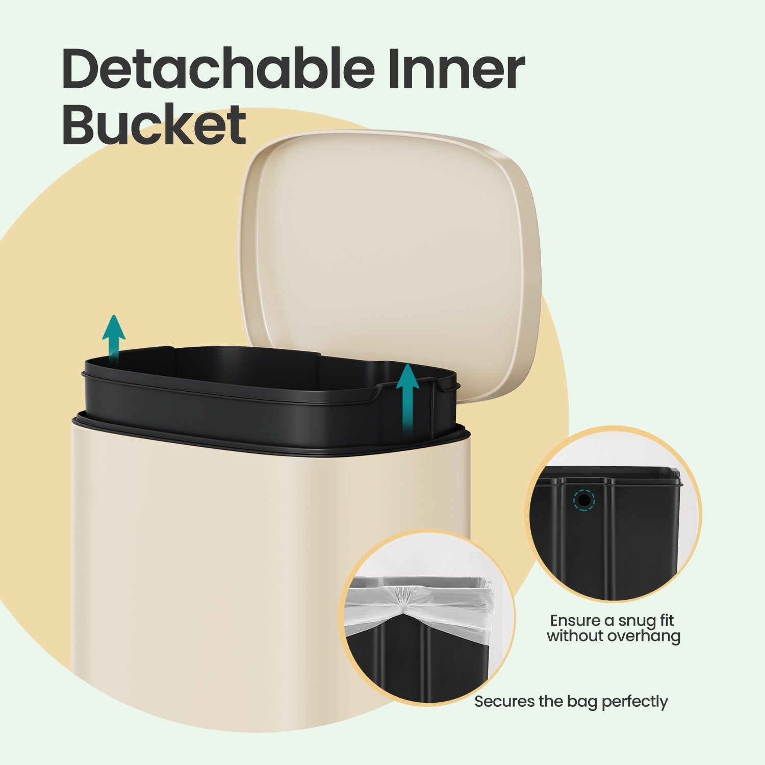 Pedal Trash Bin - 50 L Capacity - Stainless Steel - Beige - Soft Close with Removable Inner Bucket