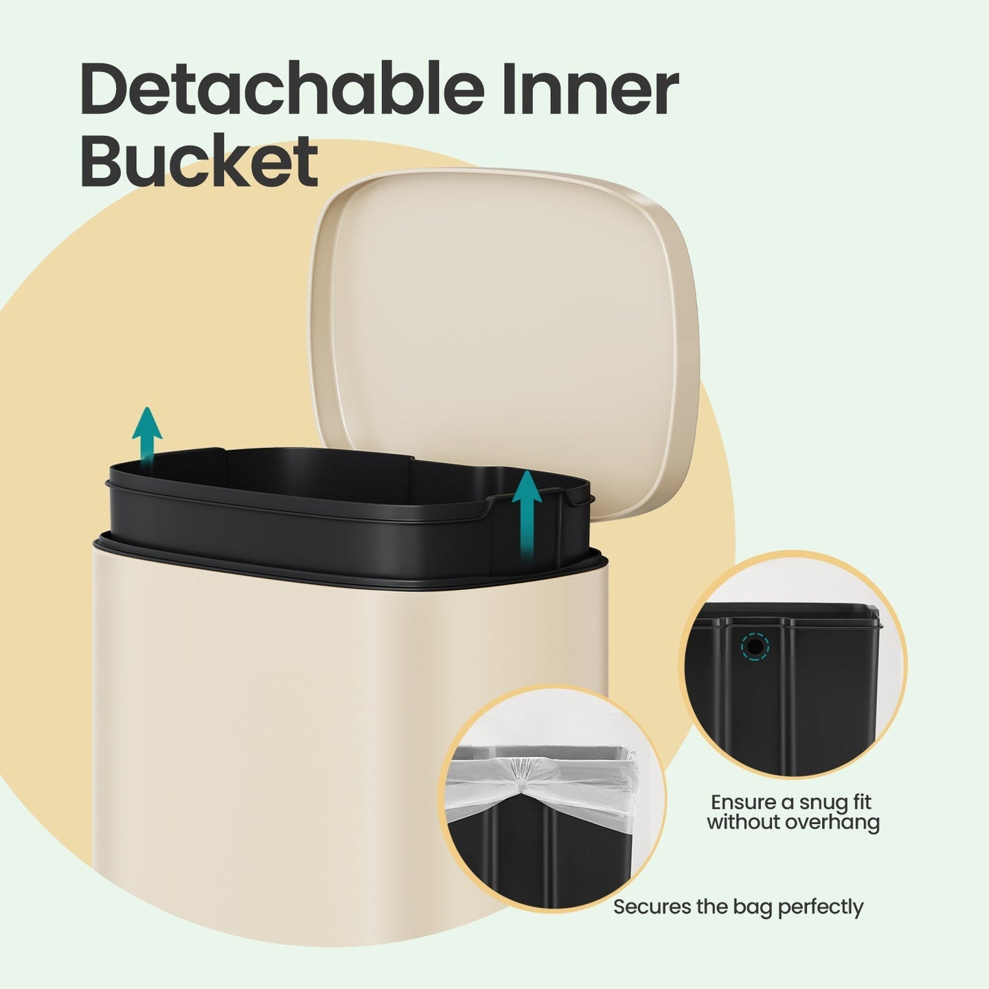 Pedal Trash Bin - 50 L Capacity - Stainless Steel - Beige - Soft Close with Removable Inner Bucket