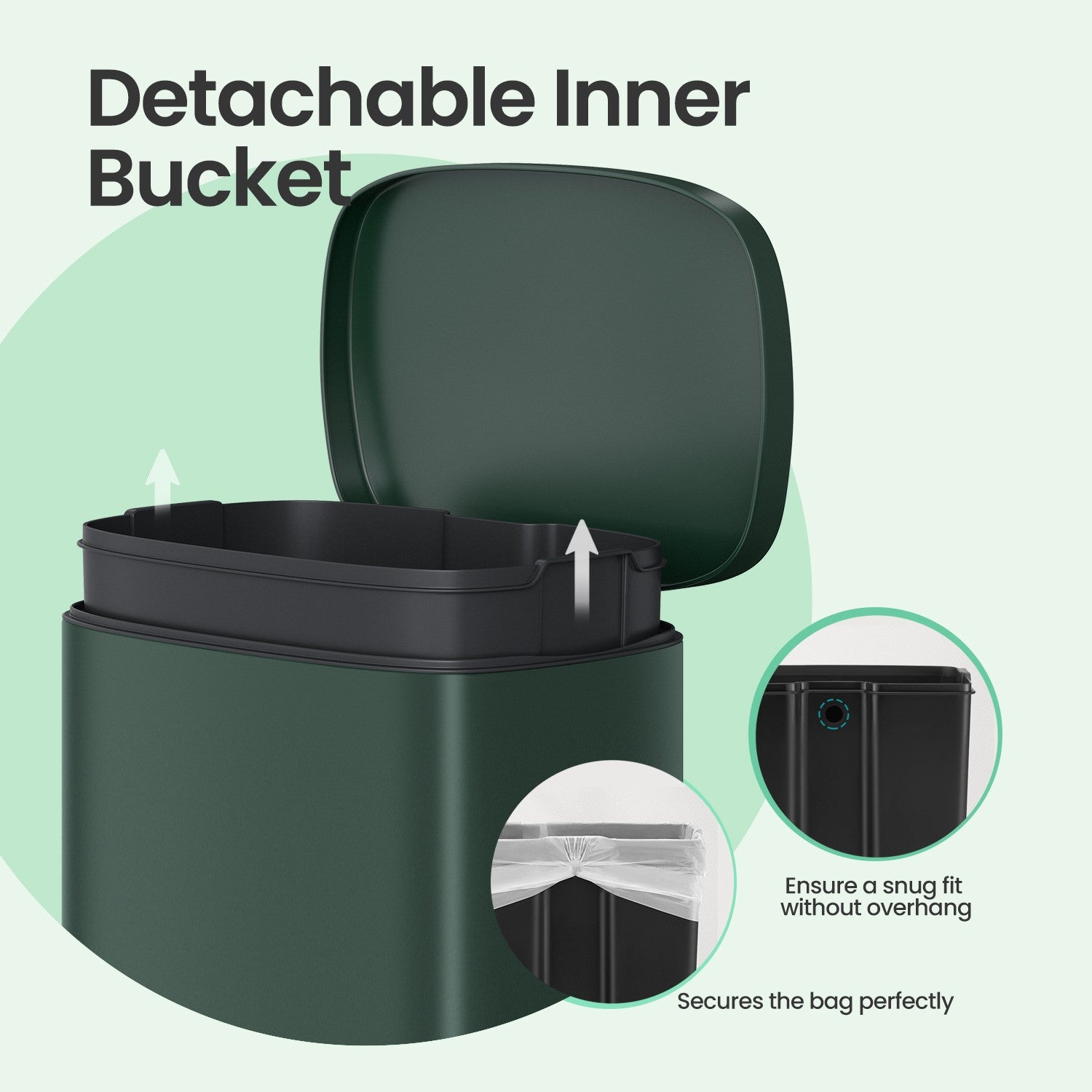 Pedal Rubbish Bin - Stainless Steel - Green - 50 L Soft Close with Removable Inner Bucket