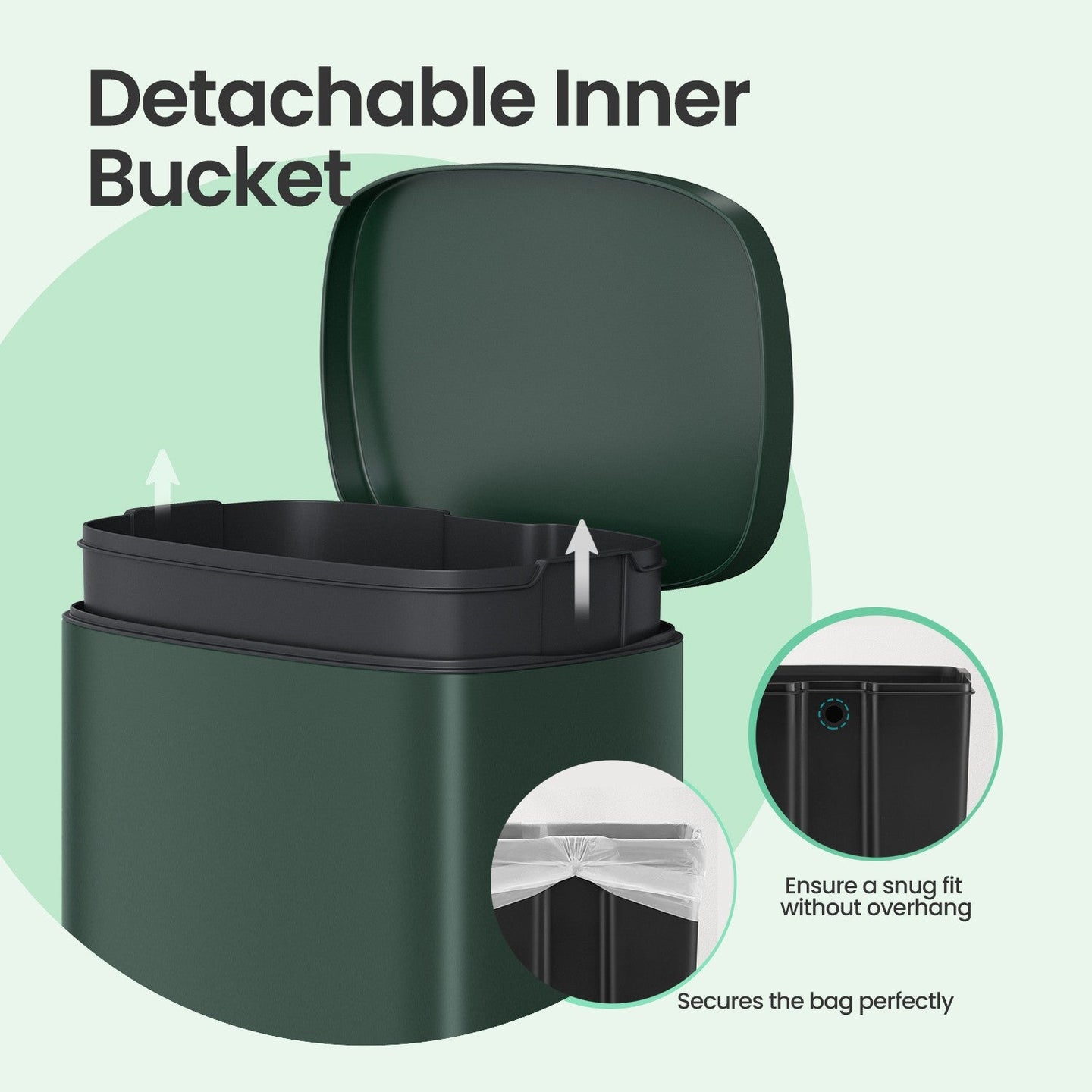 Pedal Rubbish Bin - Stainless Steel - Green - 50 L Soft Close with Removable Inner Bucket