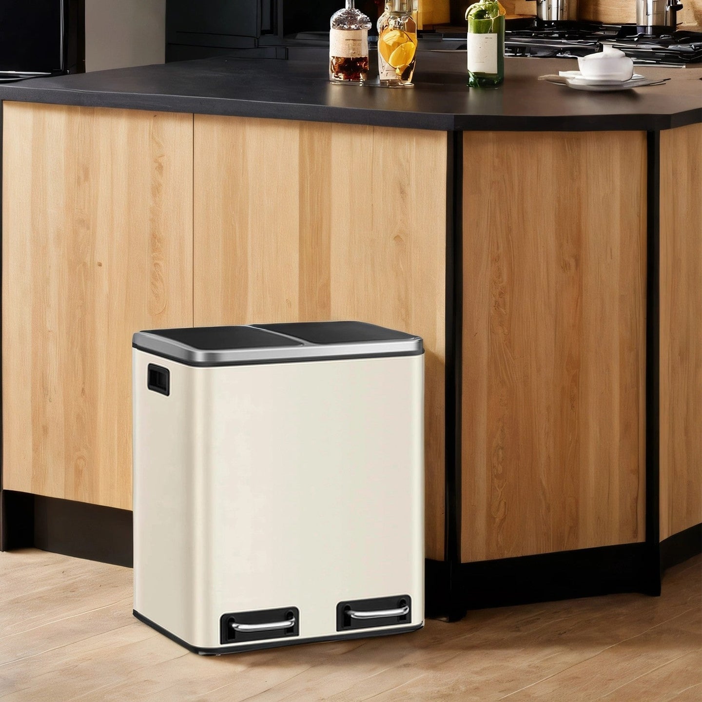 Dual Rubbish Bin - Stainless Steel - Sand Beige and Black - Soft Close with Inner Classified Buckets