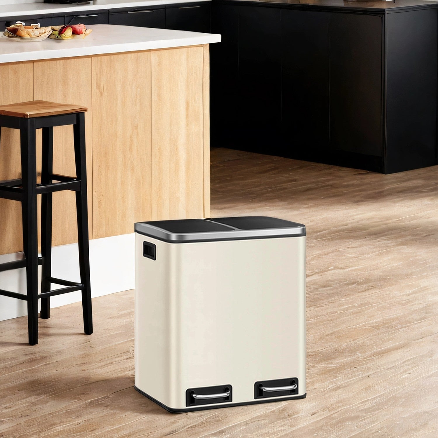 Dual Rubbish Bin - Stainless Steel - Sand Beige and Black - Soft Close with Inner Classified Buckets