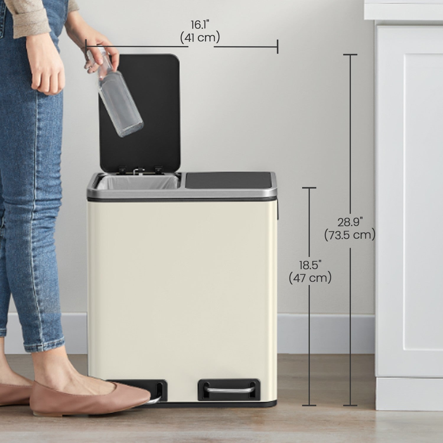 Dual Rubbish Bin - Stainless Steel - Sand Beige and Black - Soft Close with Inner Classified Buckets