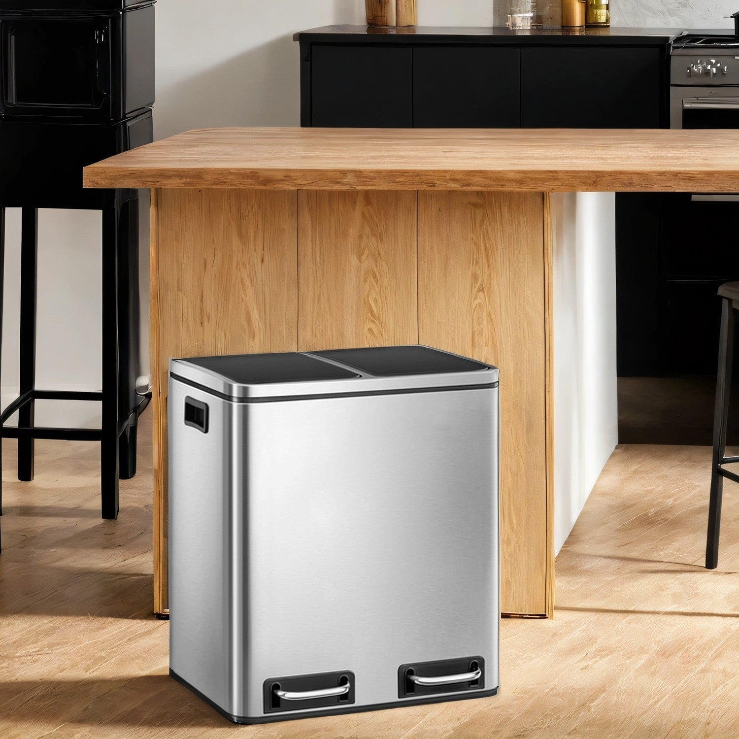 Double Kitchen Bin - Stainless Steel - Silver - Pedal Operation with Inner Classified Buckets