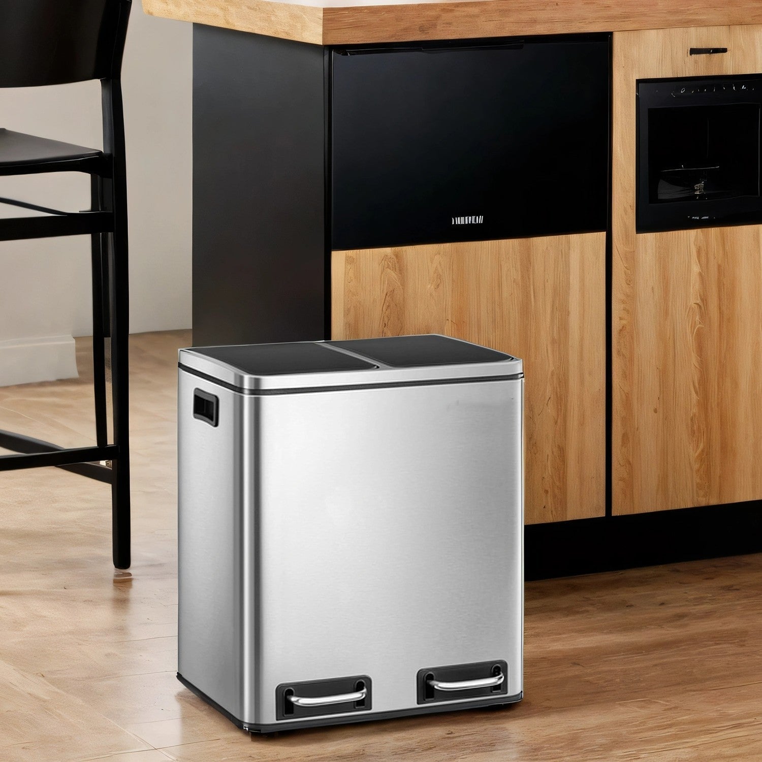 Double Kitchen Bin - Stainless Steel - Silver - Pedal Operation with Inner Classified Buckets