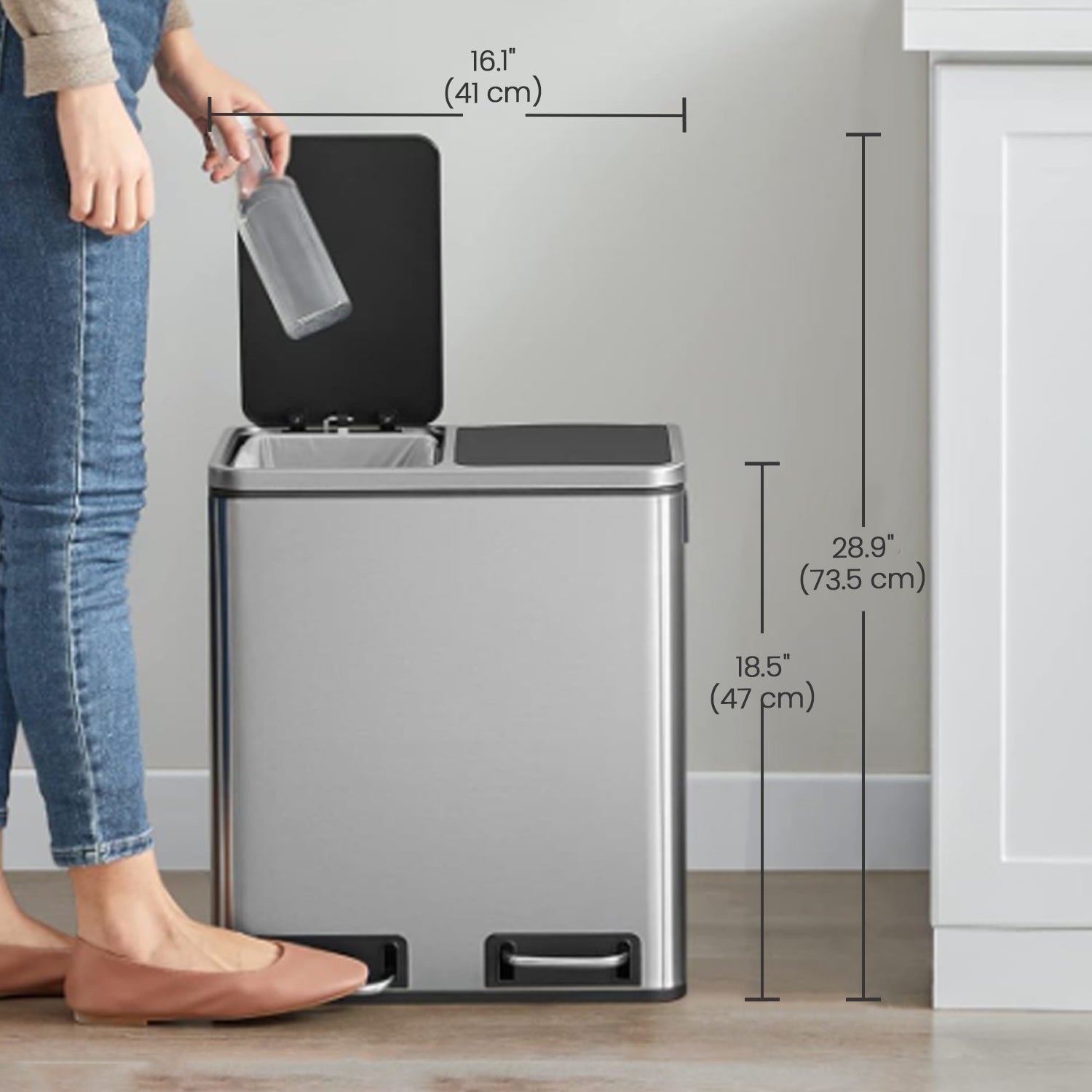 Double Kitchen Bin - Stainless Steel - Silver - Pedal Operation with Inner Classified Buckets