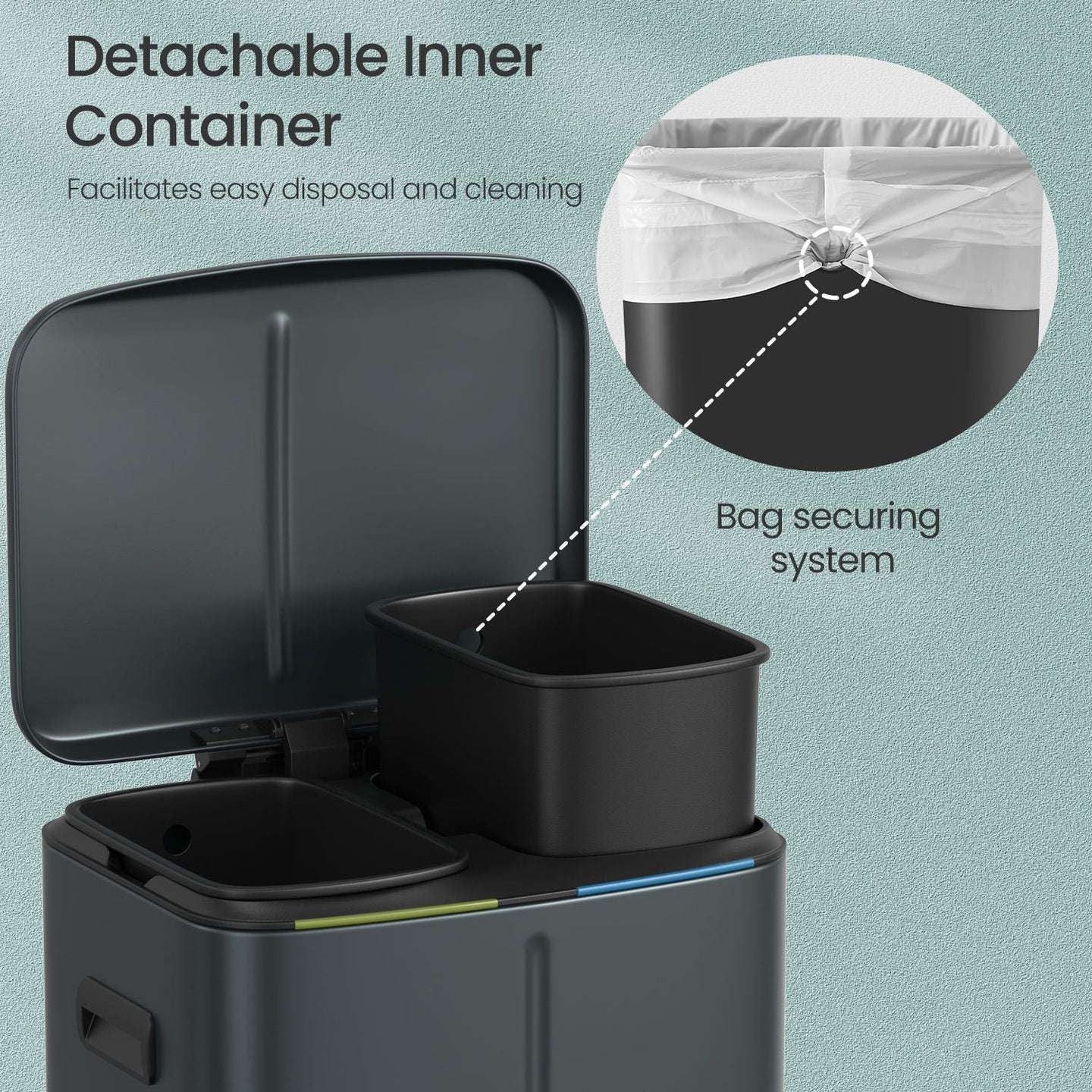 Kitchen Bin - Metal - White - Dual Compartment with Soft Close and Plastic Inner Buckets