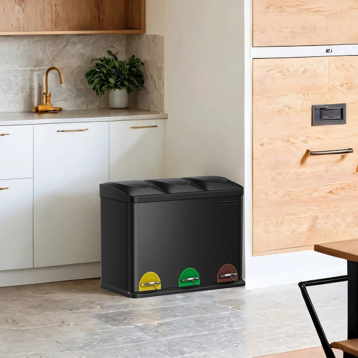 Triple Kitchen Bin - Stainless Steel - Silver - 45L Waste Separation System