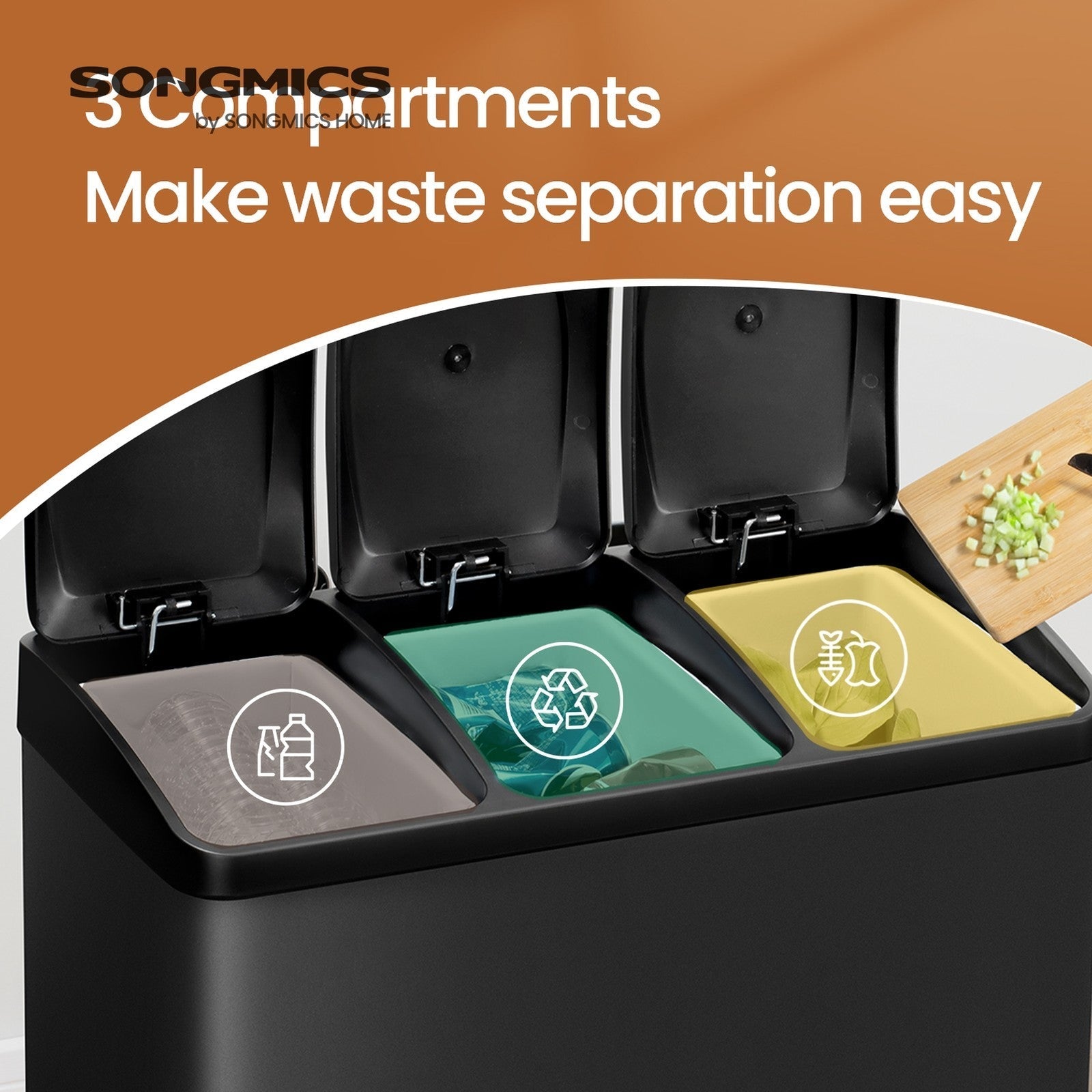 Triple Kitchen Bin - Stainless Steel - Silver - 45L Waste Separation System