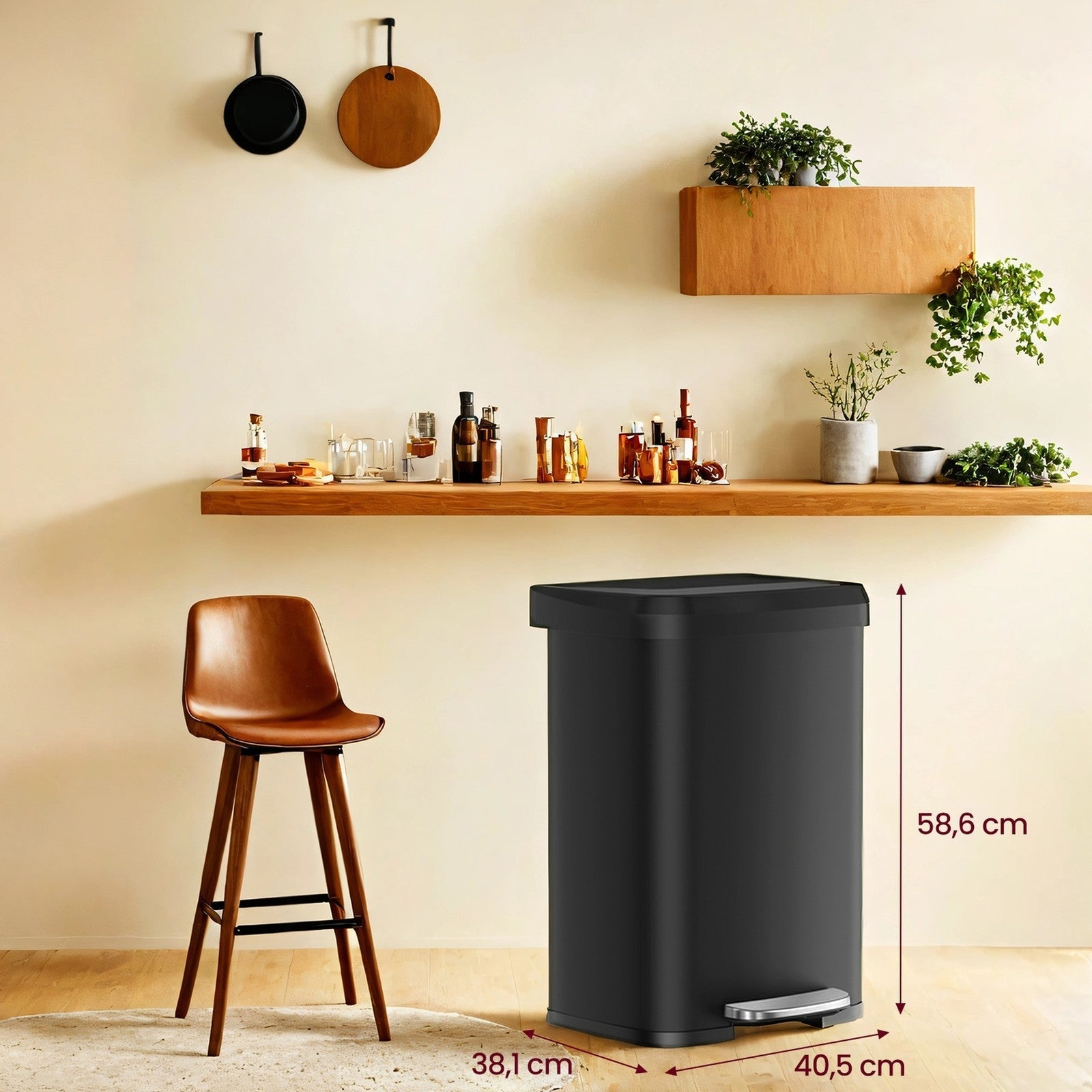 Tall Kitchen Trash Can - Stainless Steel - Silver - 50 L with Stay-Open Lid and Step-on Pedal