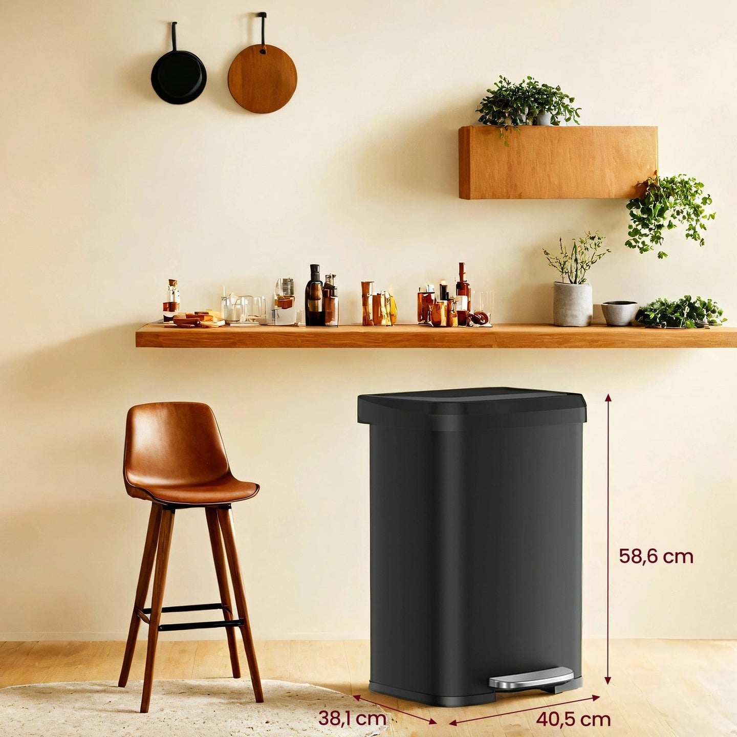 Tall Kitchen Trash Can - Stainless Steel - Silver - 50 L with Stay-Open Lid and Step-on Pedal