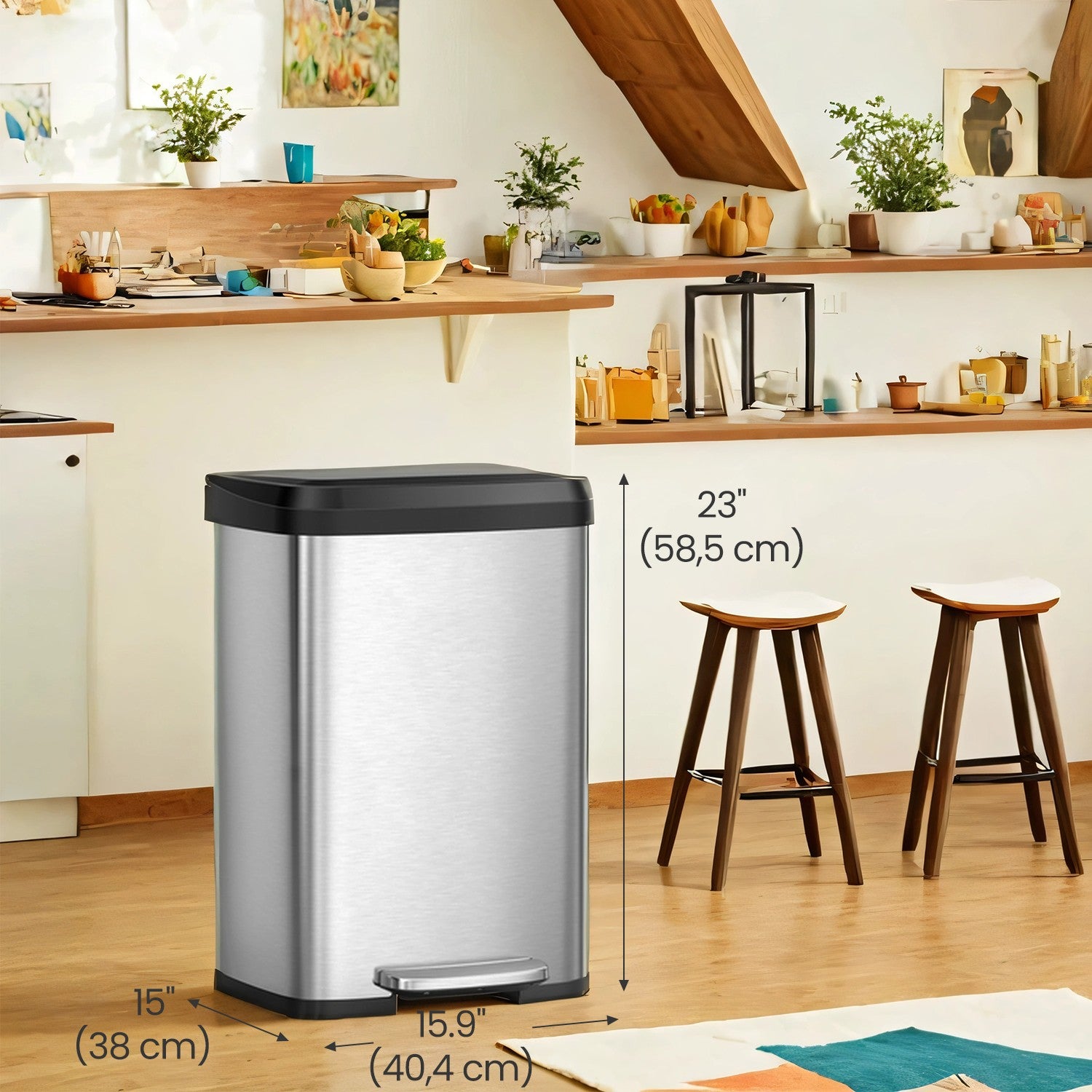 Large Stainless Steel Pedal Bin - Stainless Steel and Plastic - Silver