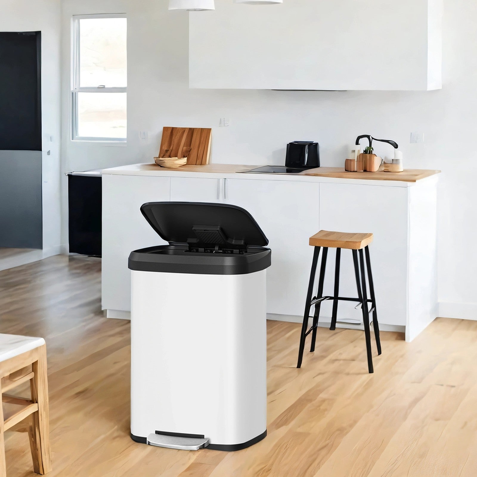 Tall Kitchen Trash Can - Stainless Steel - Silver - 50 L with Stay-Open Lid and Step-on Pedal