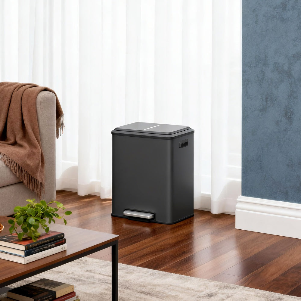 2-Compartment Kitchen Waste Separation Bin - Steel and Plastic - Black