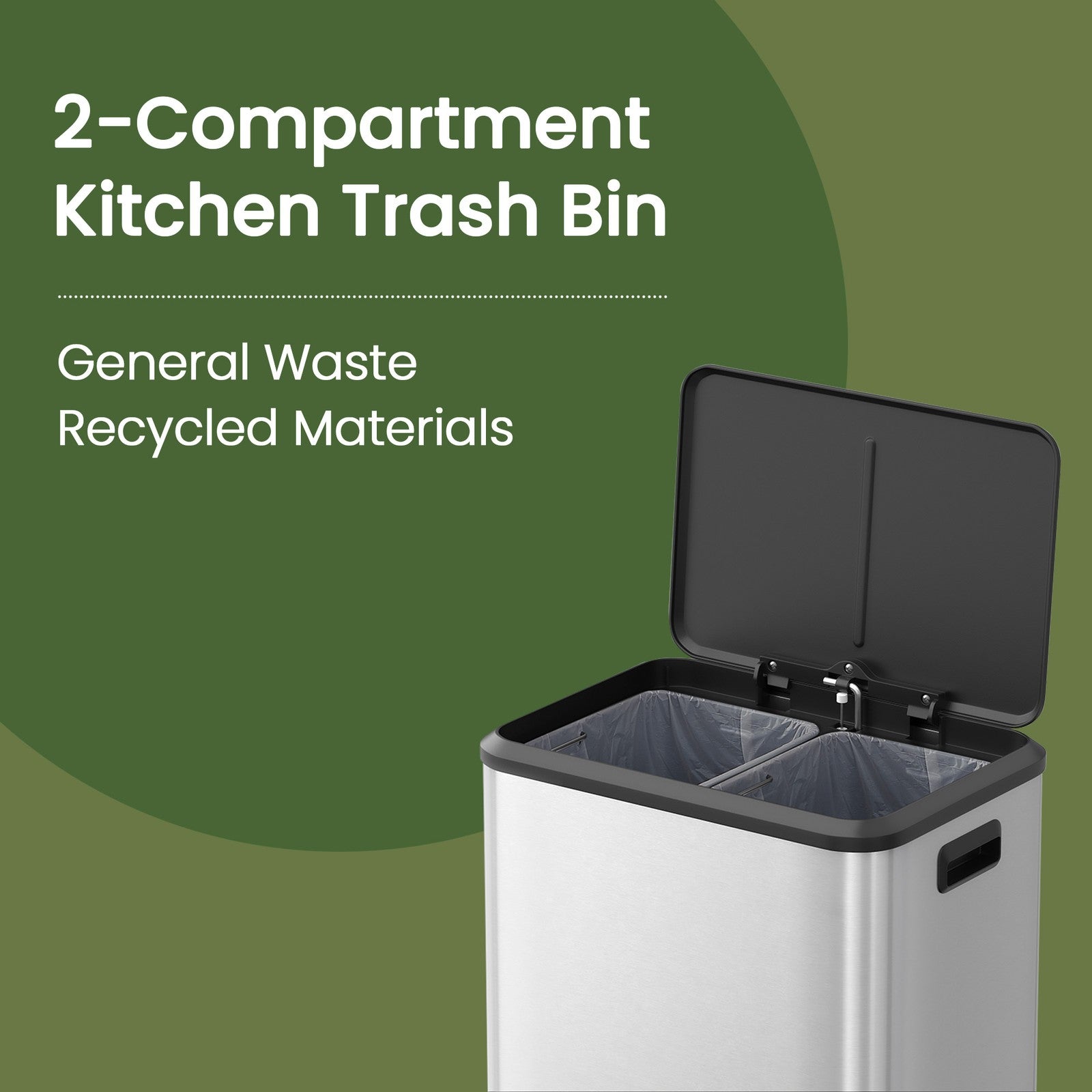 Double Kitchen Bin - Steel - Metallic Silver - Soft-Close Lid with Inner Buckets