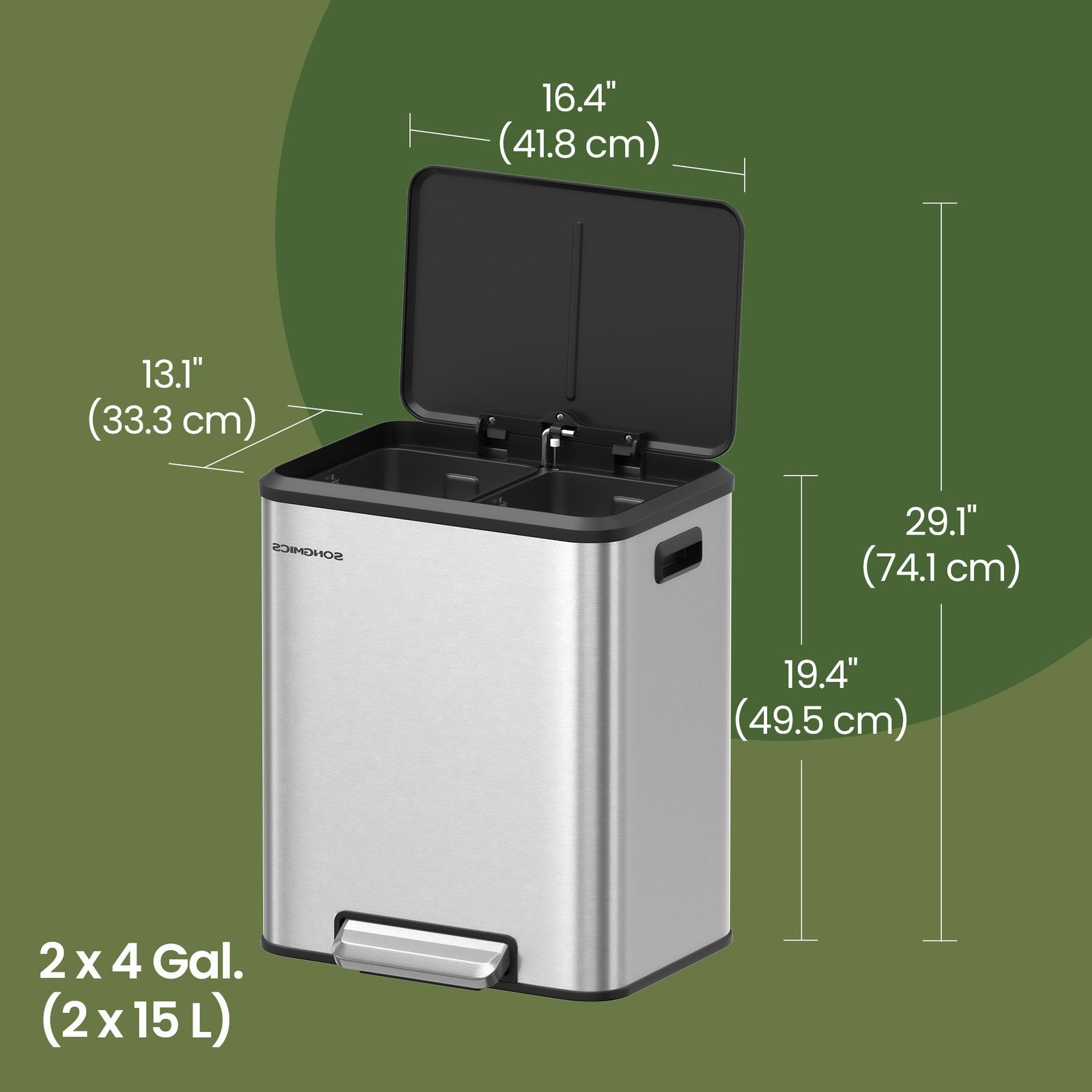 Double Kitchen Bin - Steel - Metallic Silver - Soft-Close Lid with Inner Buckets