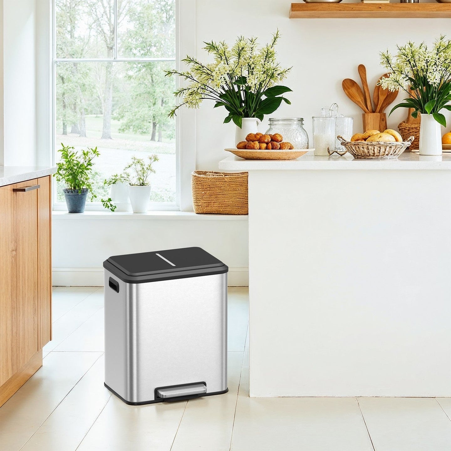 Double Kitchen Bin - Steel - Metallic Silver - Soft-Close Lid with Inner Buckets