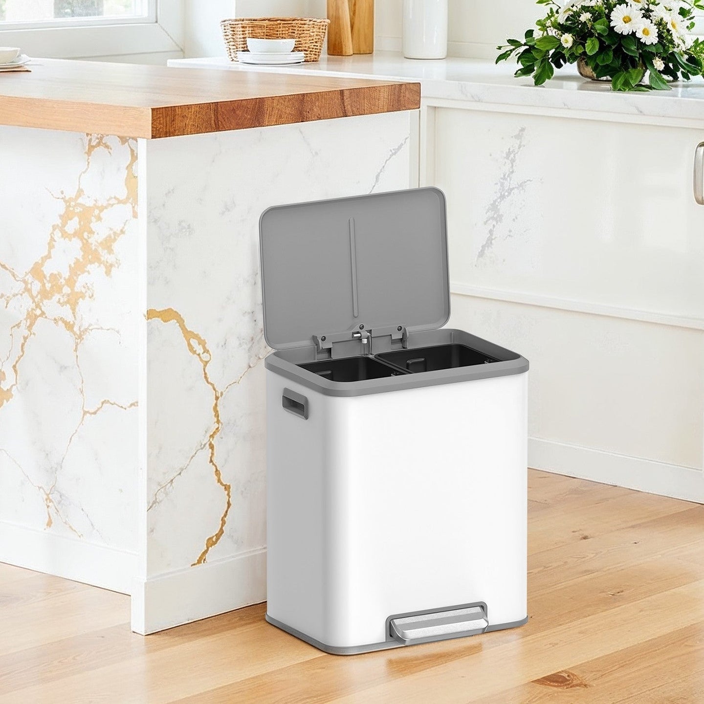 Double Kitchen Bin - Steel - Metallic Silver - Soft-Close Lid with Inner Buckets
