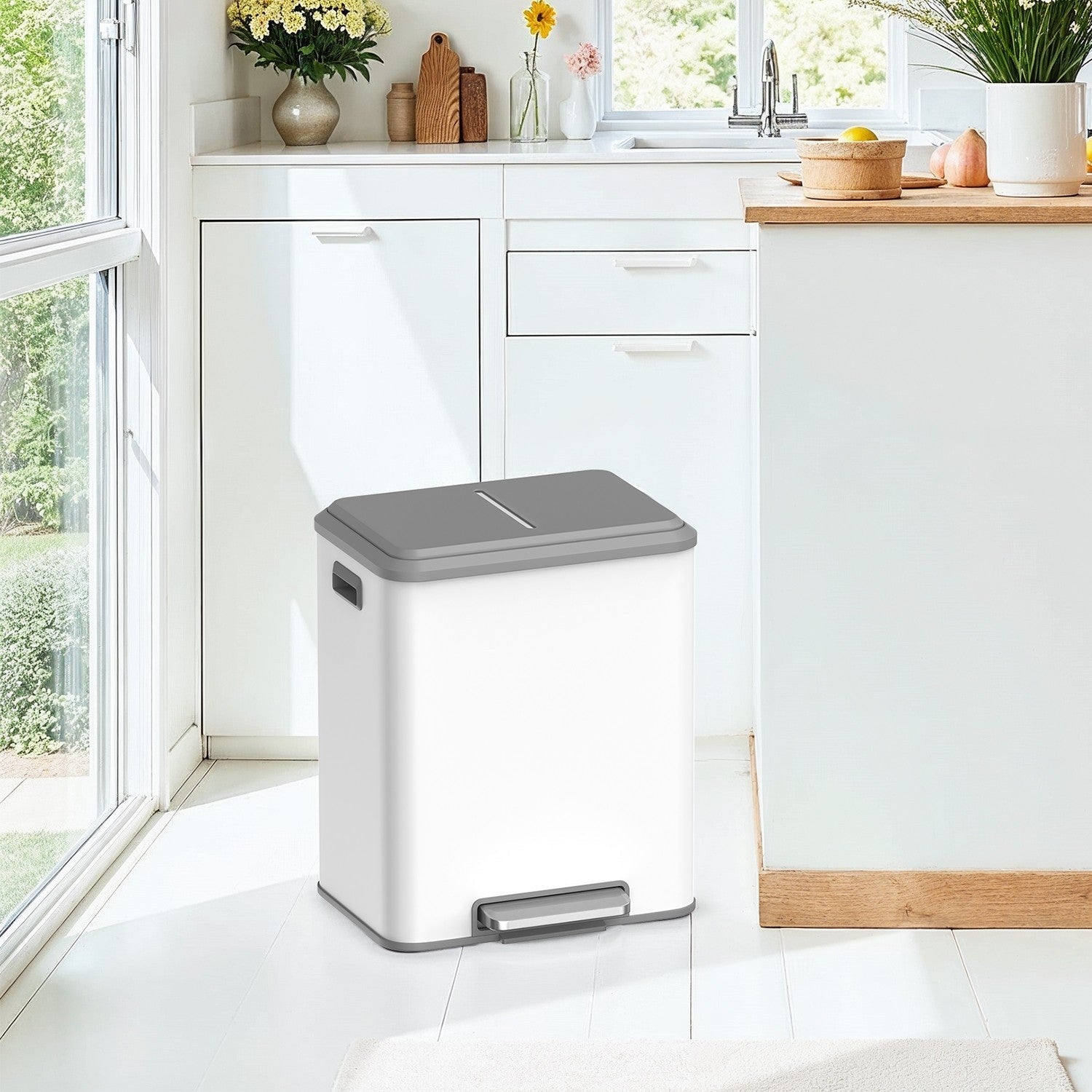 Double Kitchen Bin - Steel - Metallic Silver - Soft-Close Lid with Inner Buckets