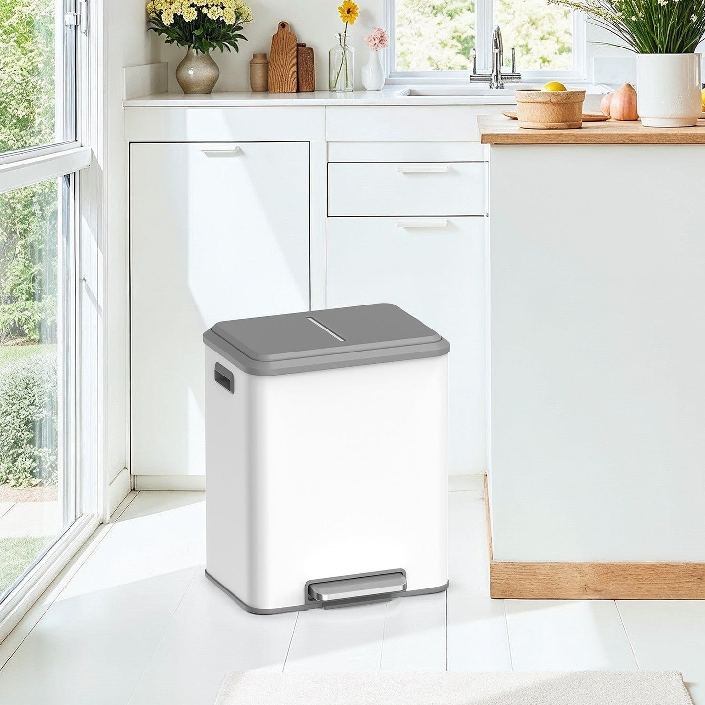 Double Kitchen Bin - Steel - Metallic Silver - Soft-Close Lid with Inner Buckets
