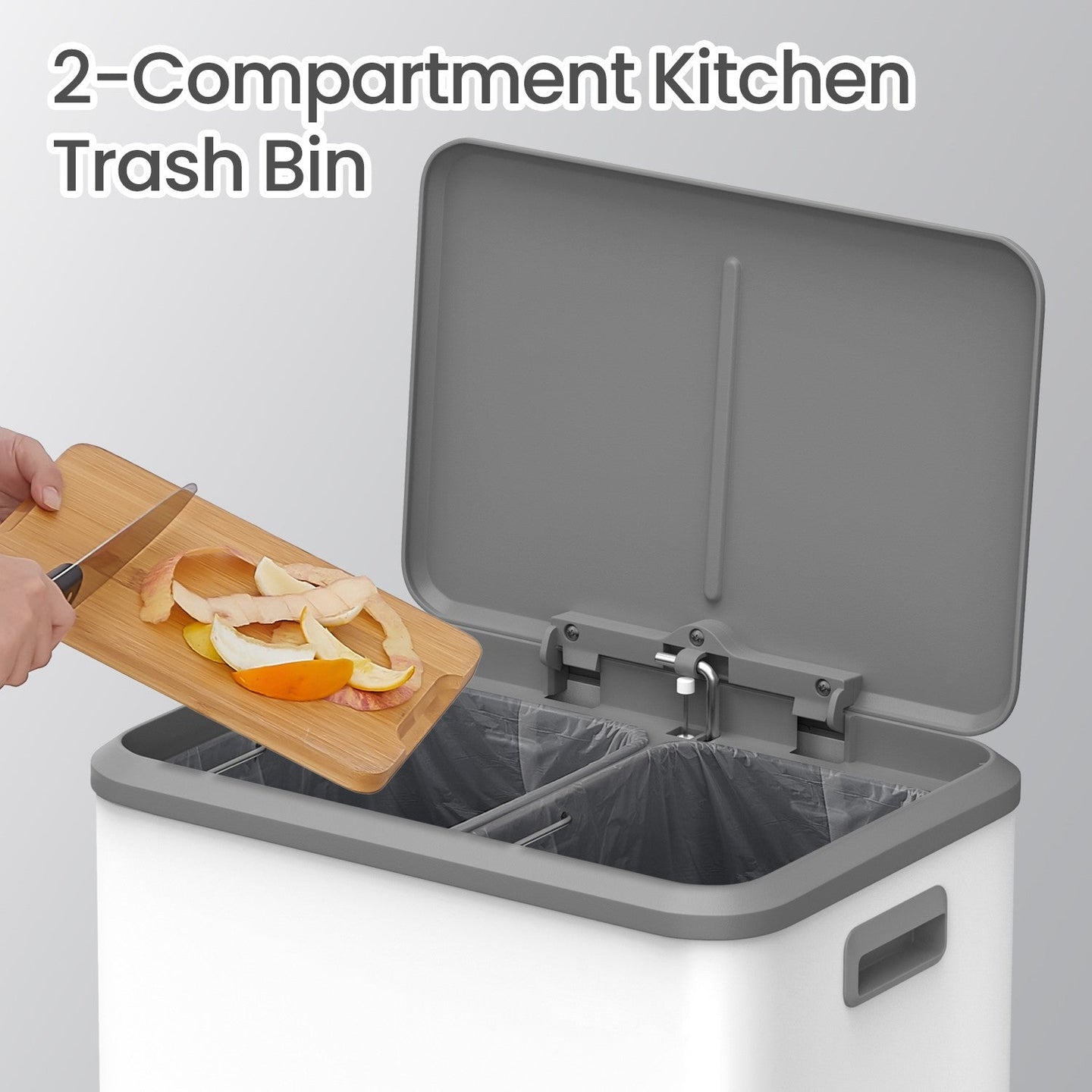 Double Kitchen Bin - Steel - Metallic Silver - Soft-Close Lid with Inner Buckets