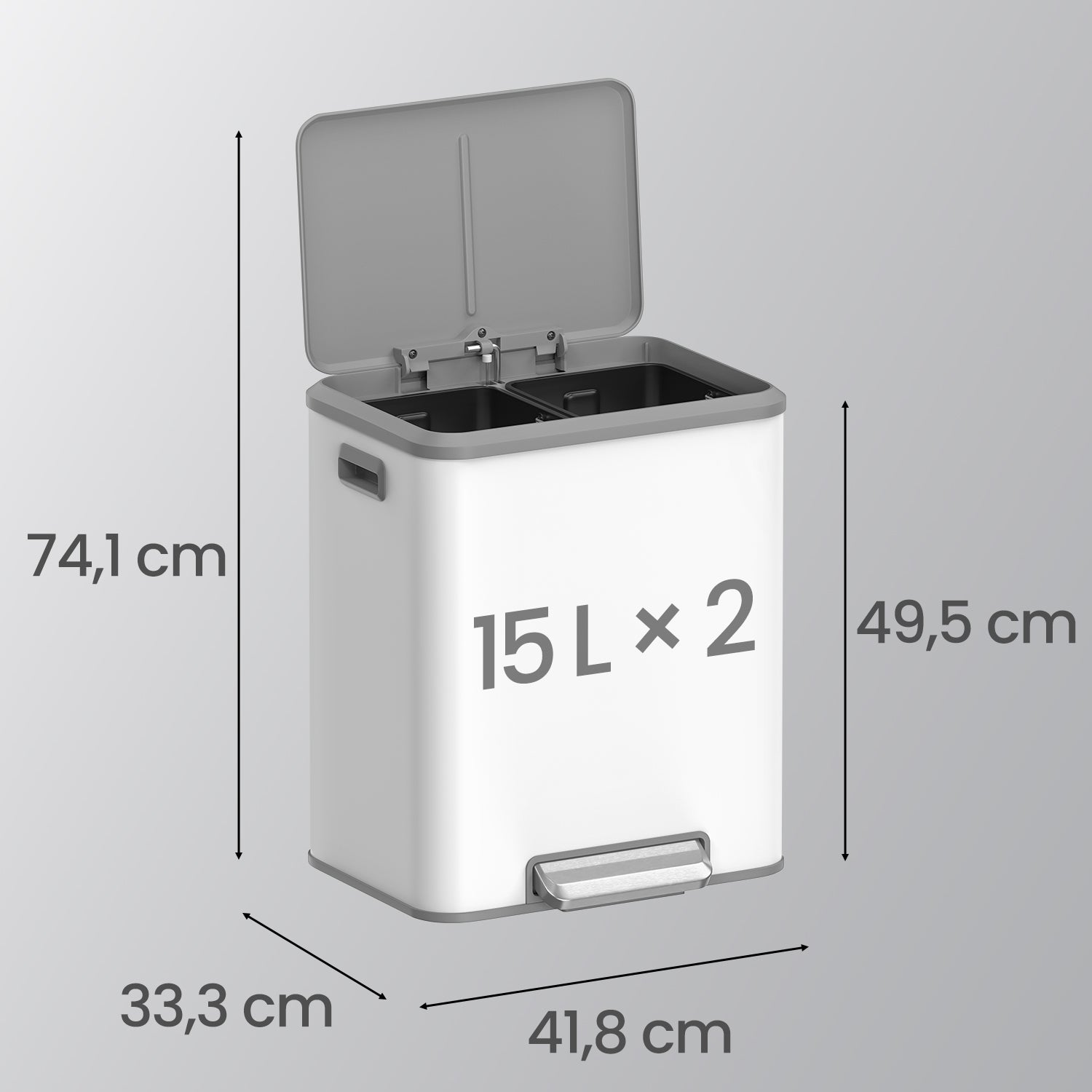 Double Kitchen Bin - Steel - Metallic Silver - Soft-Close Lid with Inner Buckets