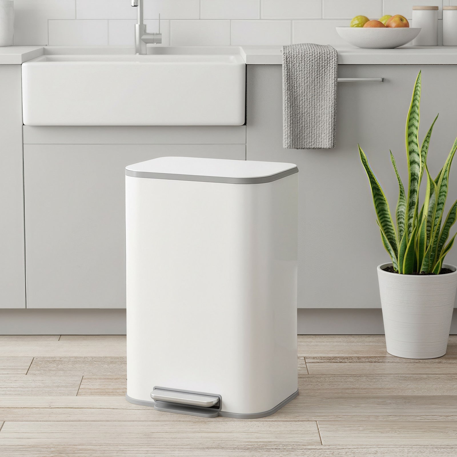 Rubbish Bin - Steel - Cloud White - 50L with Soft-Close Lid and Removable Inner Bucket