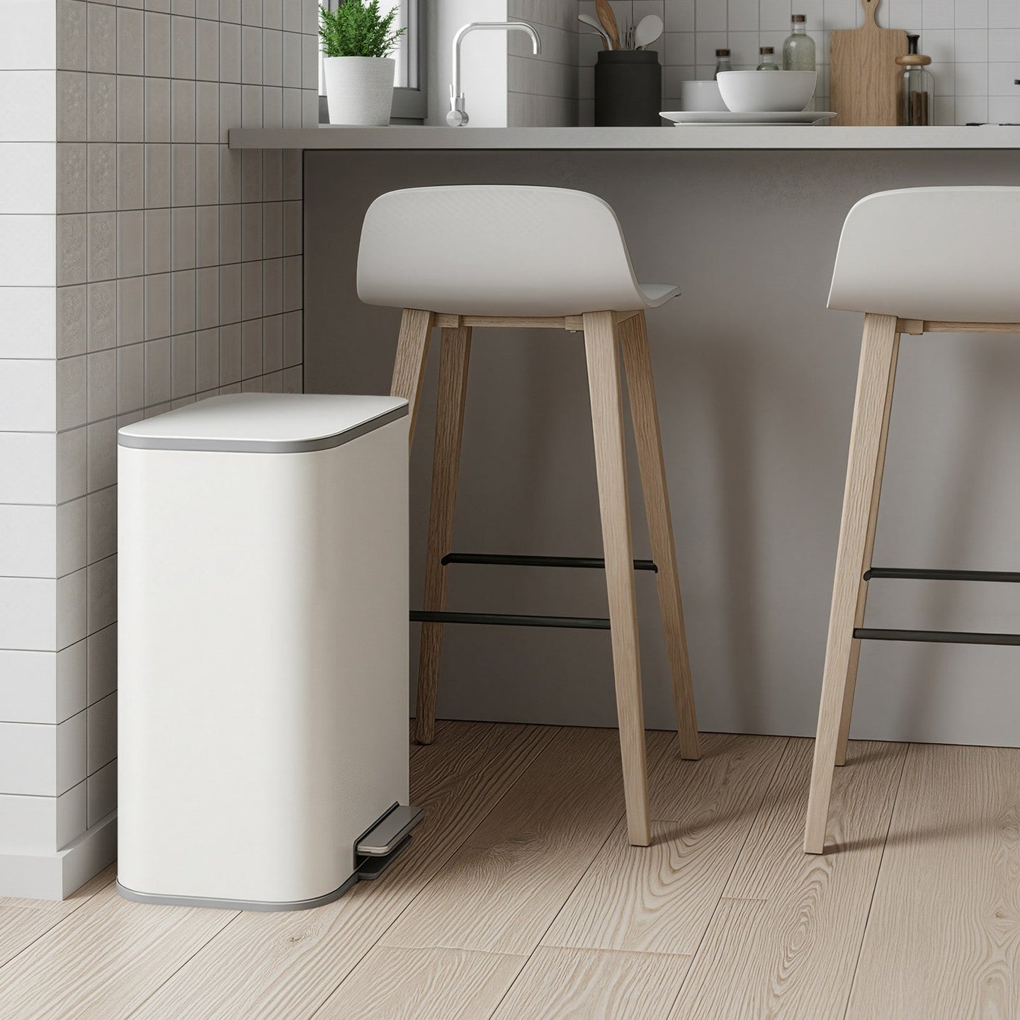 Rubbish Bin - Steel - Cloud White - 50L with Soft-Close Lid and Removable Inner Bucket