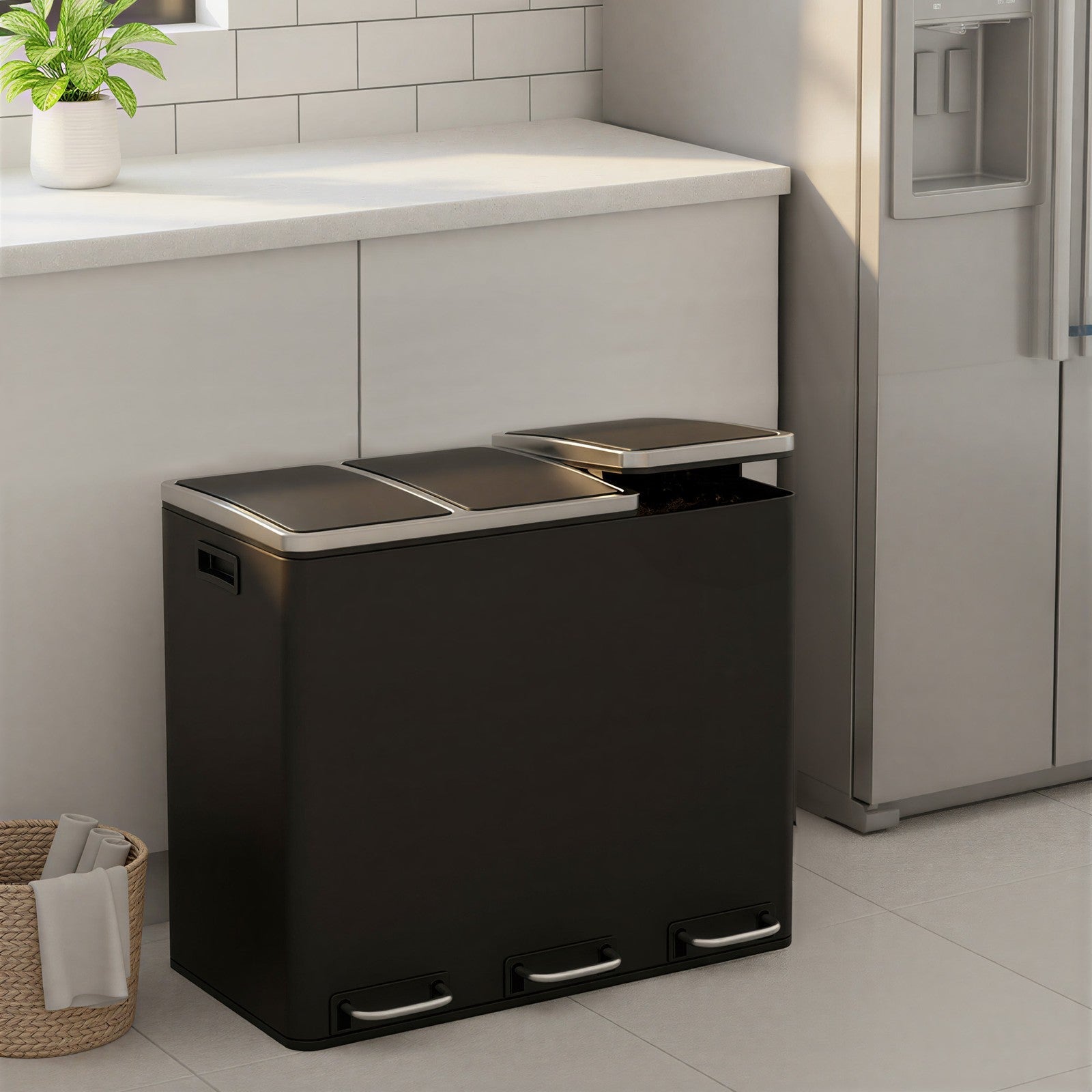 3-Compartment Recycling Bin - Stainless Steel - Fingerprint Resistant