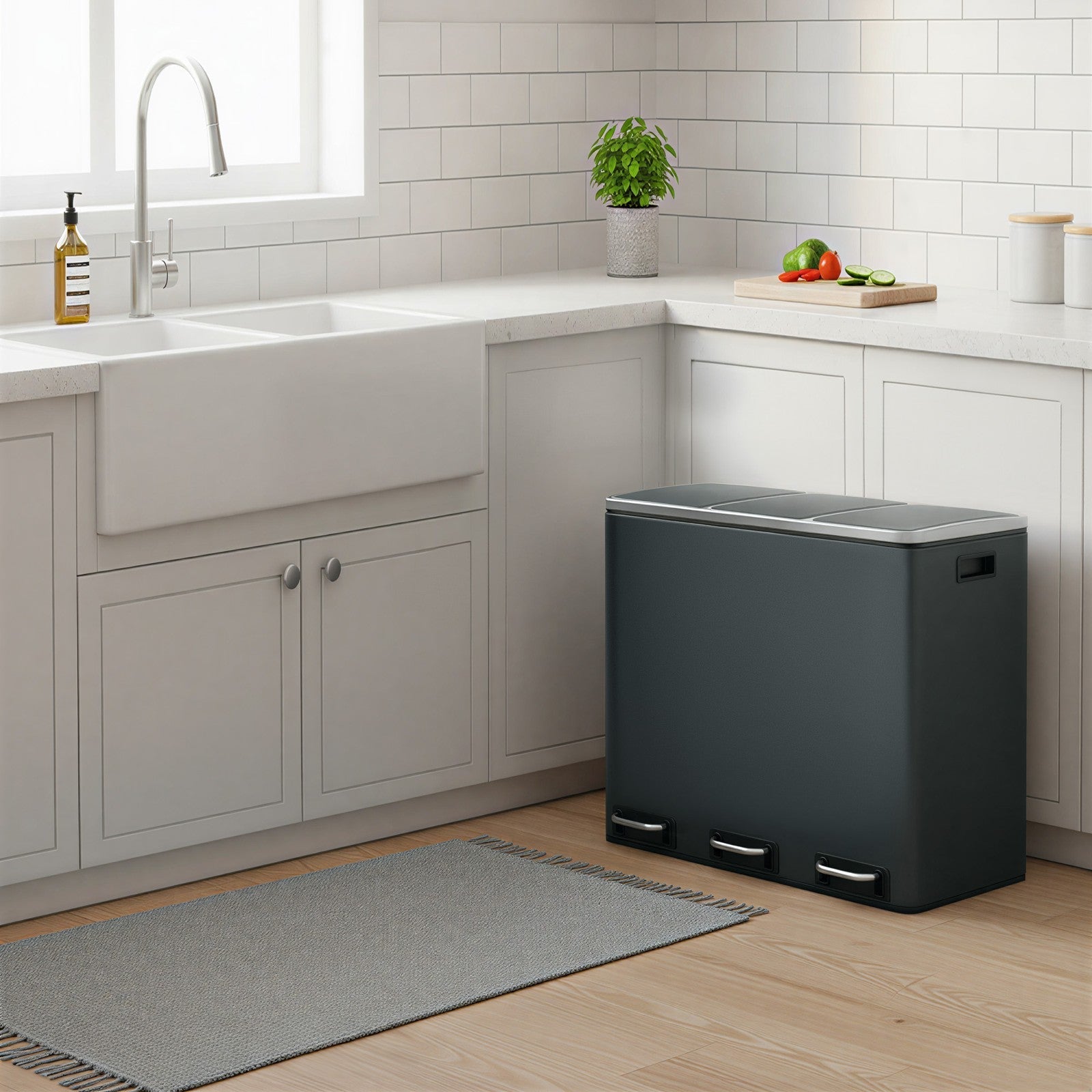 3-Compartment Recycling Bin - Stainless Steel - Fingerprint Resistant