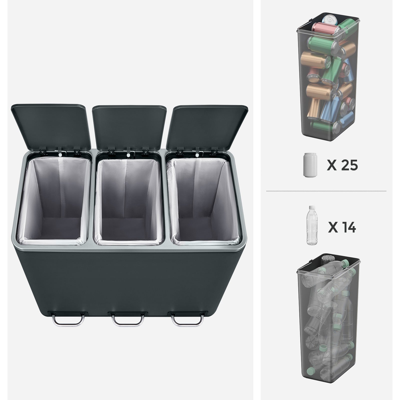 3-Compartment Recycling Bin - Stainless Steel - Fingerprint Resistant