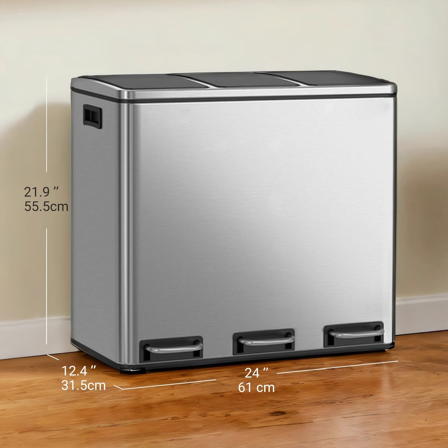 Triple Compartment Pedal Bin - Stainless Steel - Silver Black - Soft-Close Lids with Carry Handles