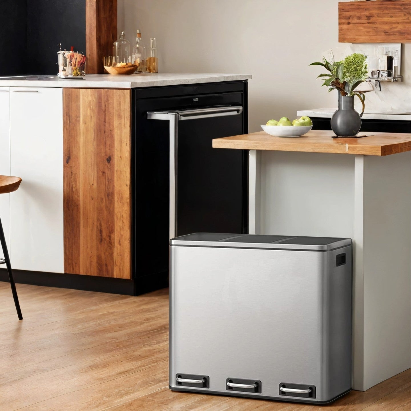 Triple Compartment Pedal Bin - Stainless Steel - Silver Black - Soft-Close Lids with Carry Handles
