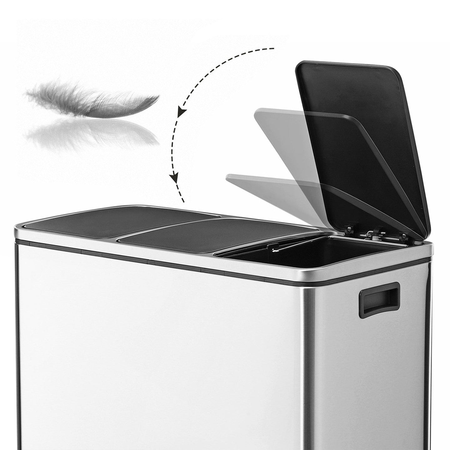 Triple Compartment Pedal Bin - Stainless Steel - Silver Black - Soft-Close Lids with Carry Handles