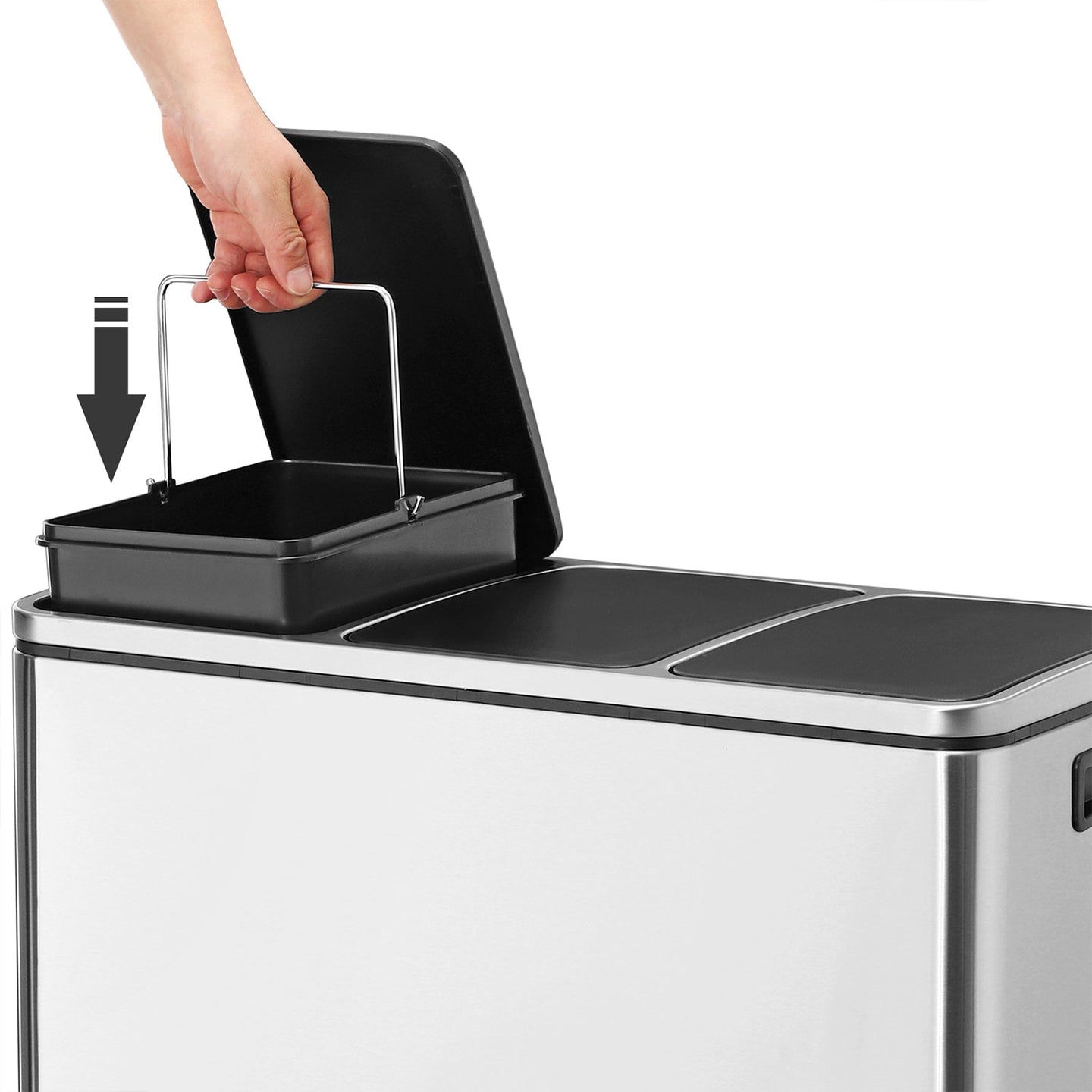 Triple Compartment Pedal Bin - Stainless Steel - Silver Black - Soft-Close Lids with Carry Handles