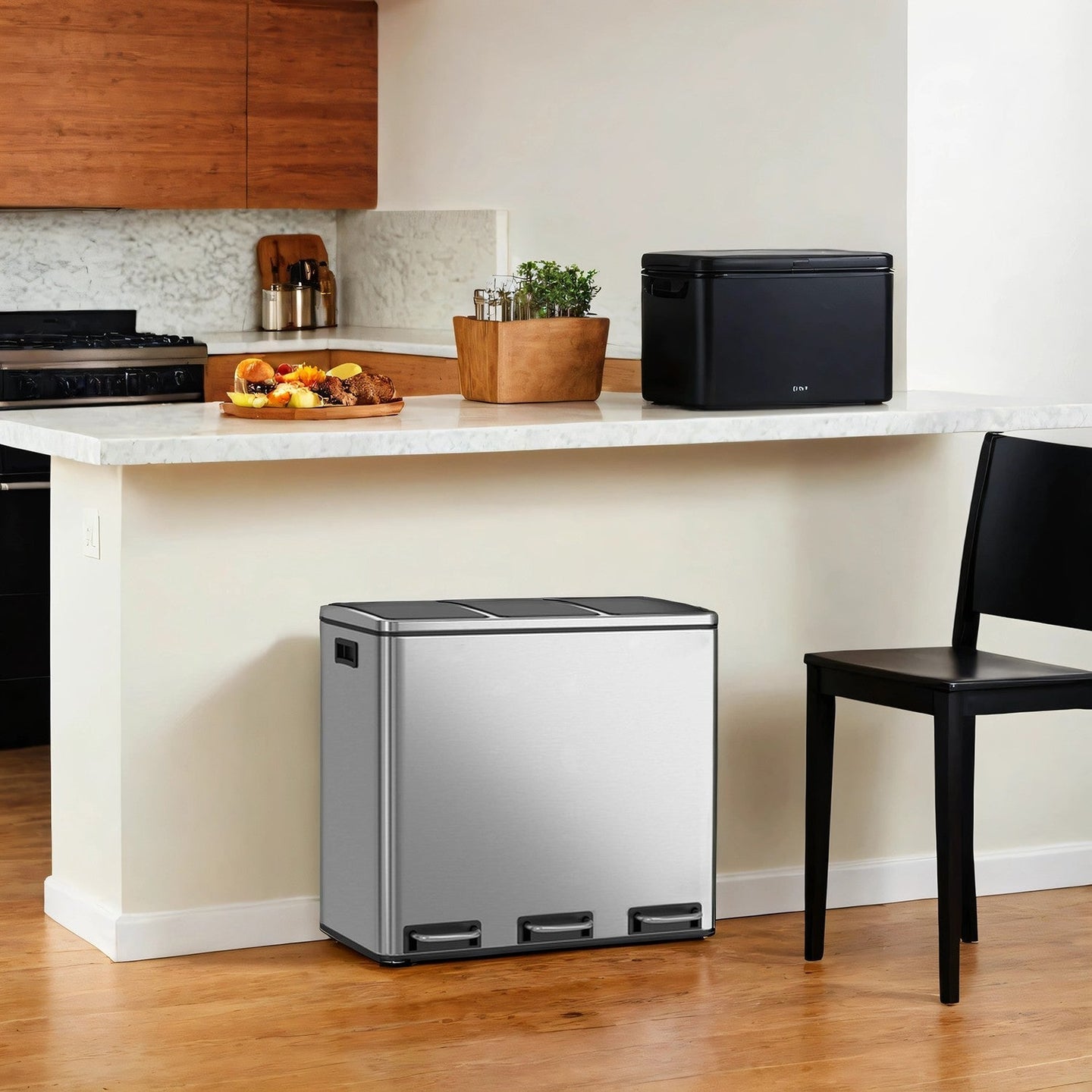 Triple Compartment Pedal Bin - Stainless Steel - Silver Black - Soft-Close Lids with Carry Handles
