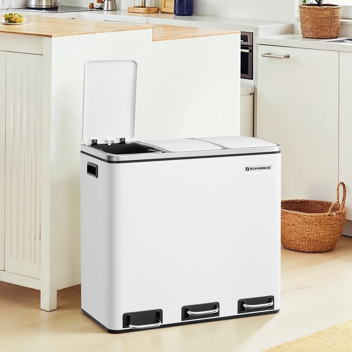 Triple Compartment Pedal Bin - Stainless Steel - White - Soft-Close Lids and Handles