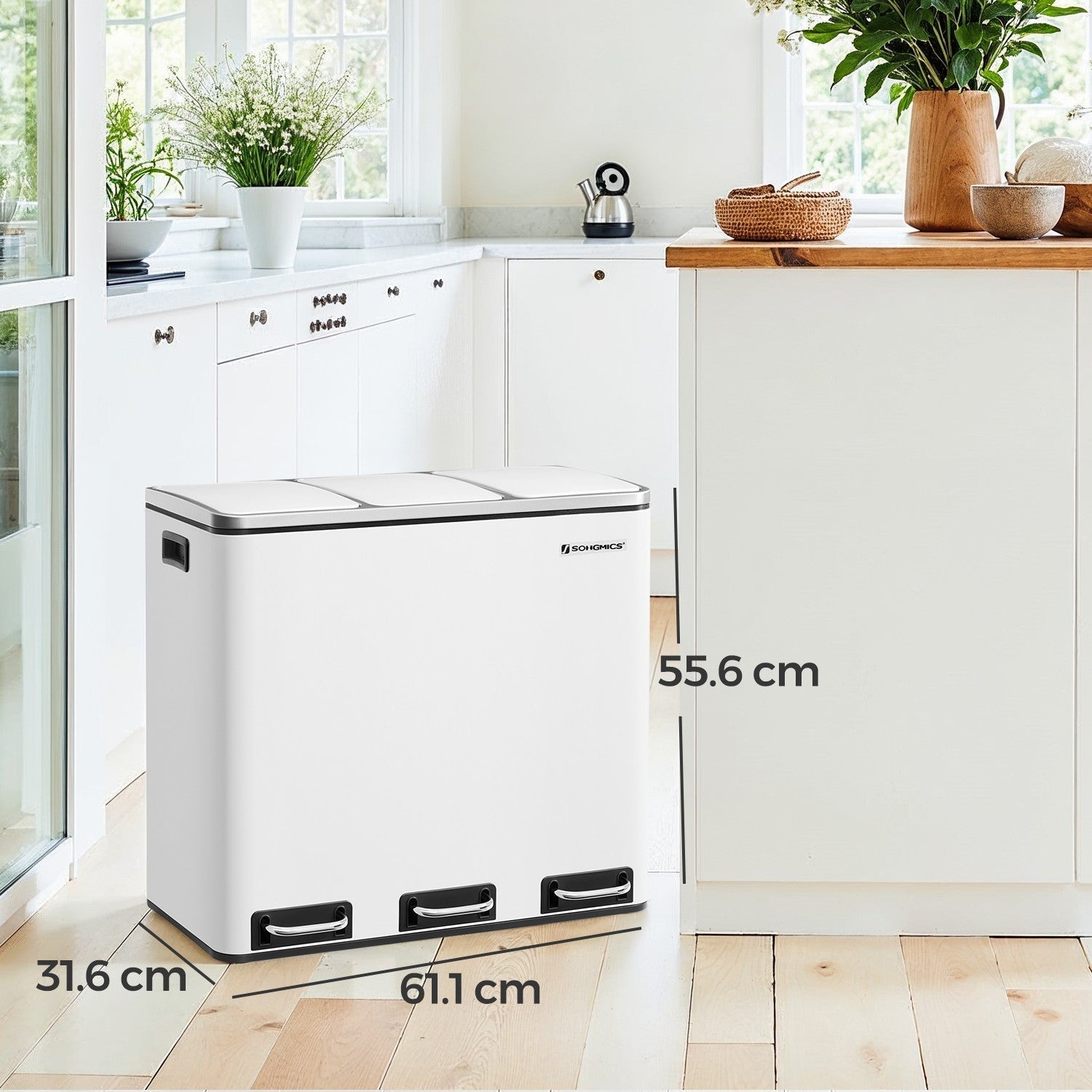 Triple Compartment Pedal Bin - Stainless Steel - White - Soft-Close Lids and Handles