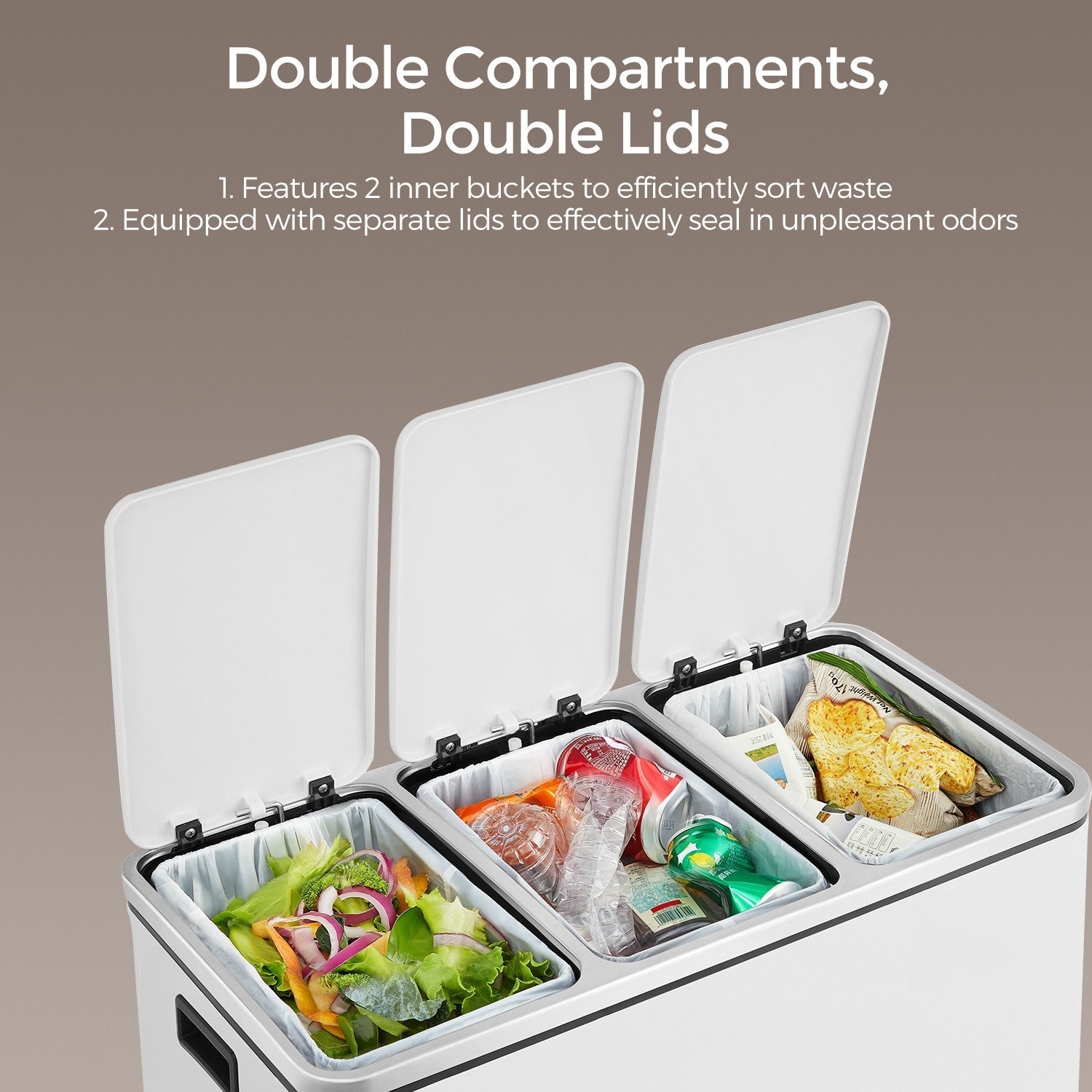 Triple Compartment Pedal Bin - Stainless Steel - White - Soft-Close Lids and Handles