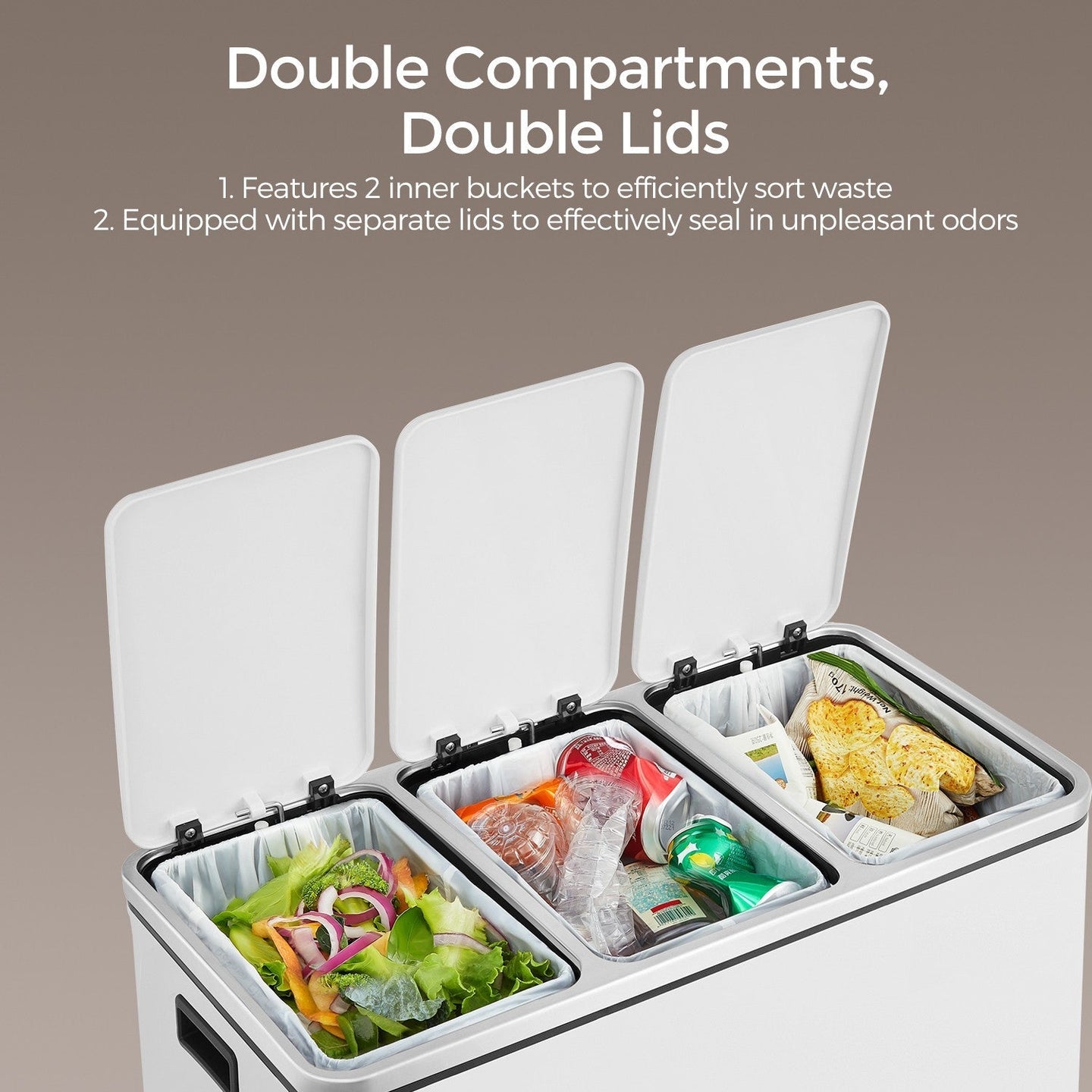Triple Compartment Pedal Bin - Stainless Steel - White - Soft-Close Lids and Handles